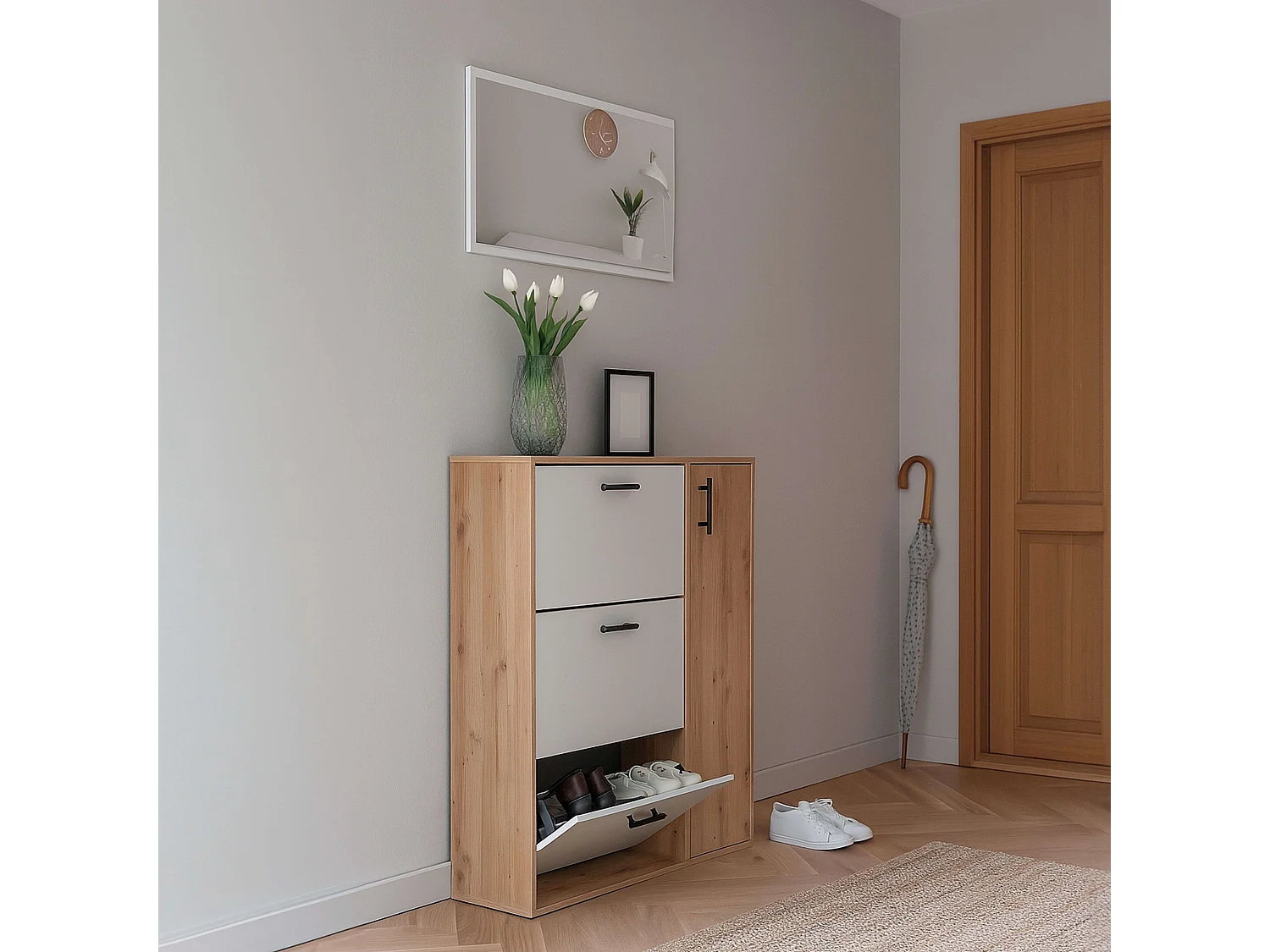 Zapatero con espejo 3 trampones y 1 puerta roble nodi/blanco 106x87x41 cm