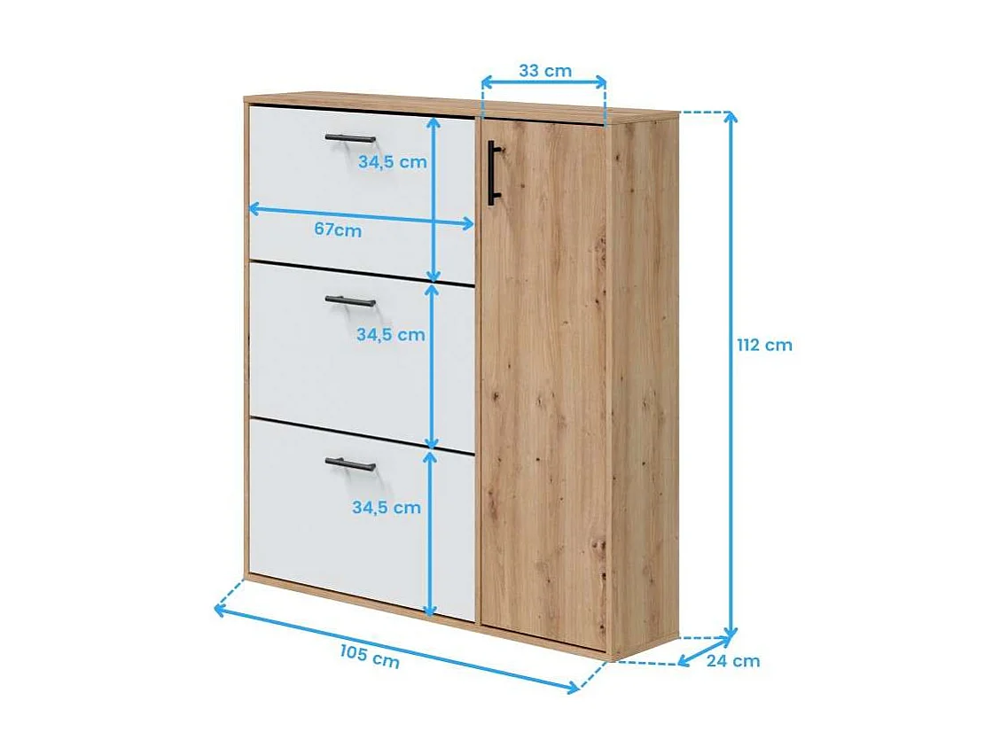 Zapatero con espejo 3 trampones y 1 puerta roble nodi/blanco 106x87x41 cm