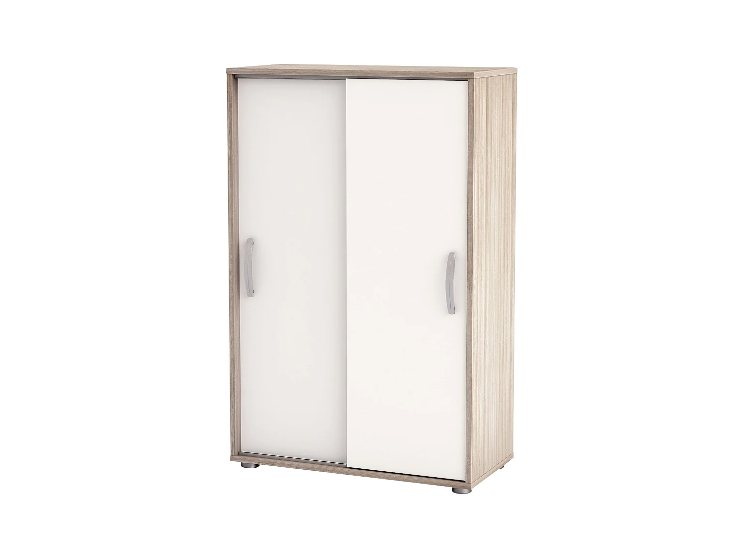 Étagère à chaussures polyvalente avec portes coulissantes, blanc et chêne, 106 x 68 x 33 cm