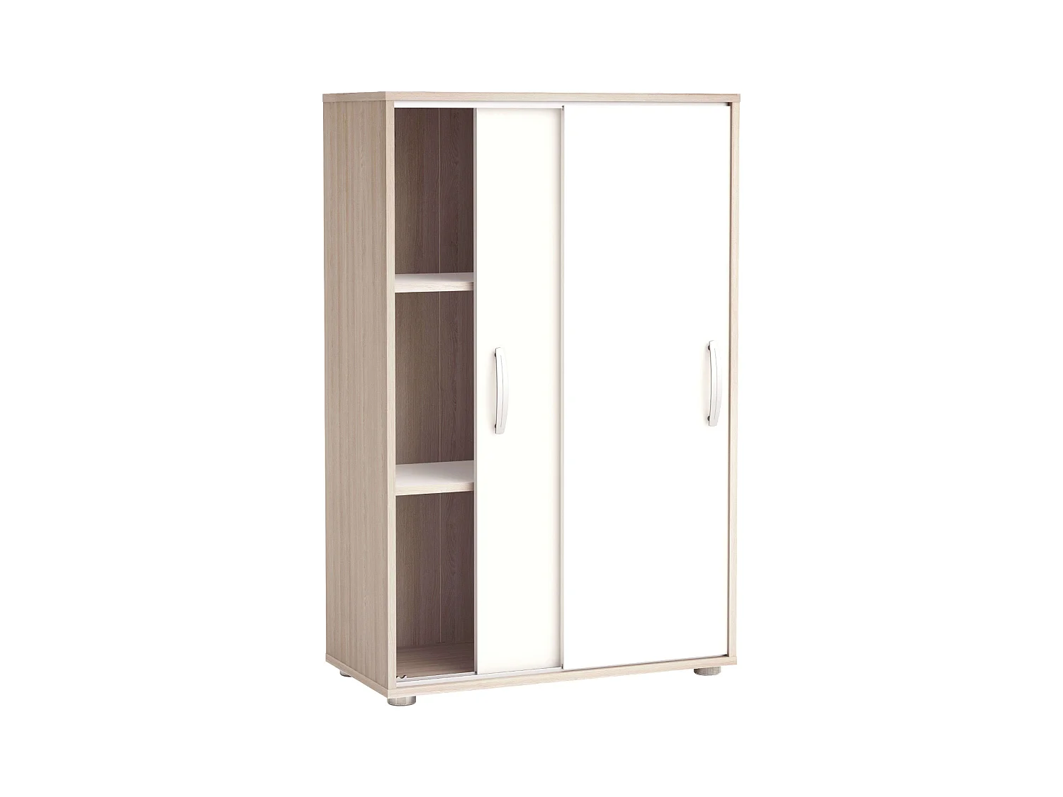Étagère à chaussures polyvalente avec portes coulissantes, blanc et chêne, 106 x 68 x 33 cm