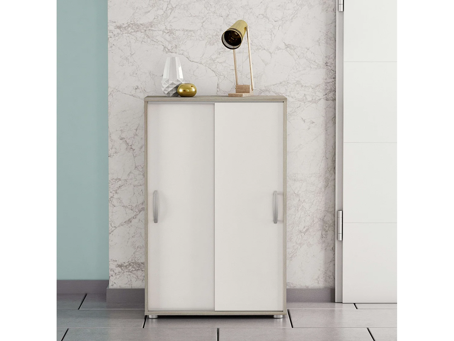 Sapateira multiuso com portas de correr, branco e carvalho, 106 x 68 x 33 cm
