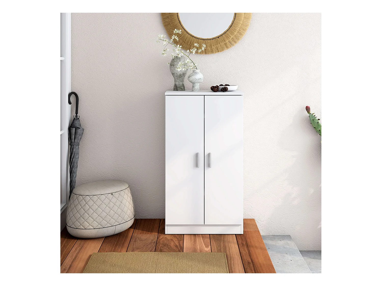 Meuble à chaussures de couloir Rhin, armoire moderne blanche mate