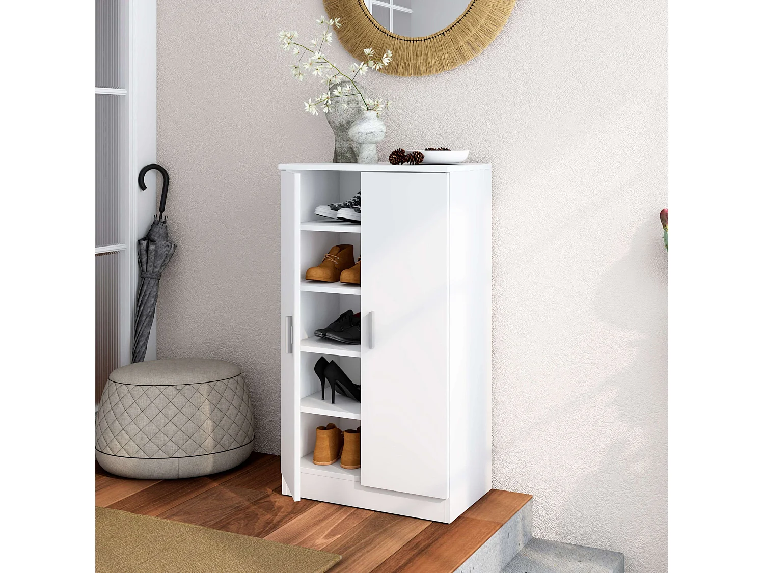 Meuble à chaussures de couloir Rhin, armoire moderne blanche mate