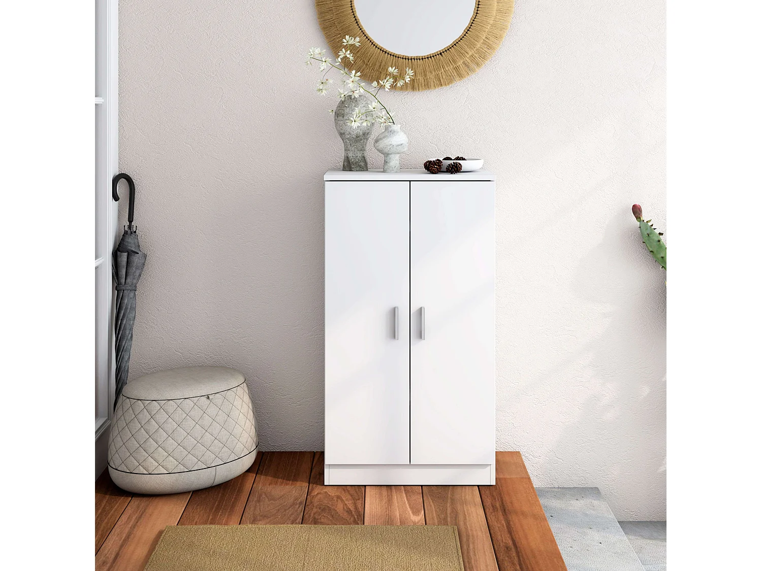 Meuble à chaussures de couloir Rhin, armoire moderne blanche mate