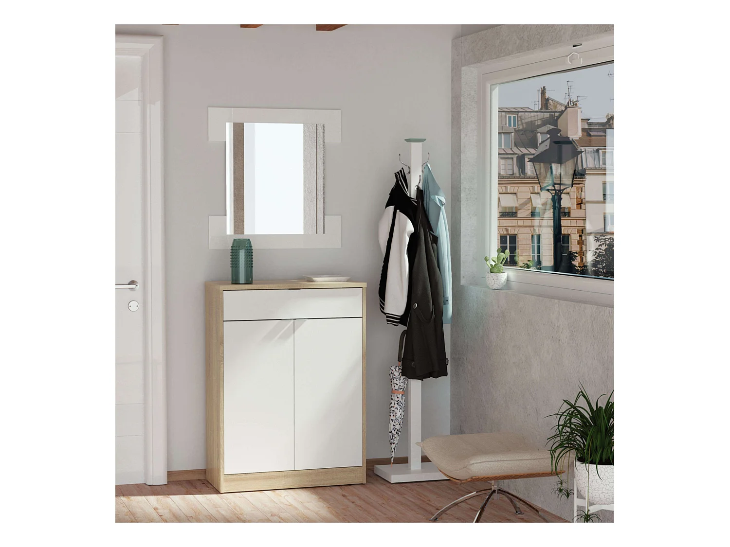 Sapateira Berlim Branco brilhante e Cambriano 101x75x36 cm