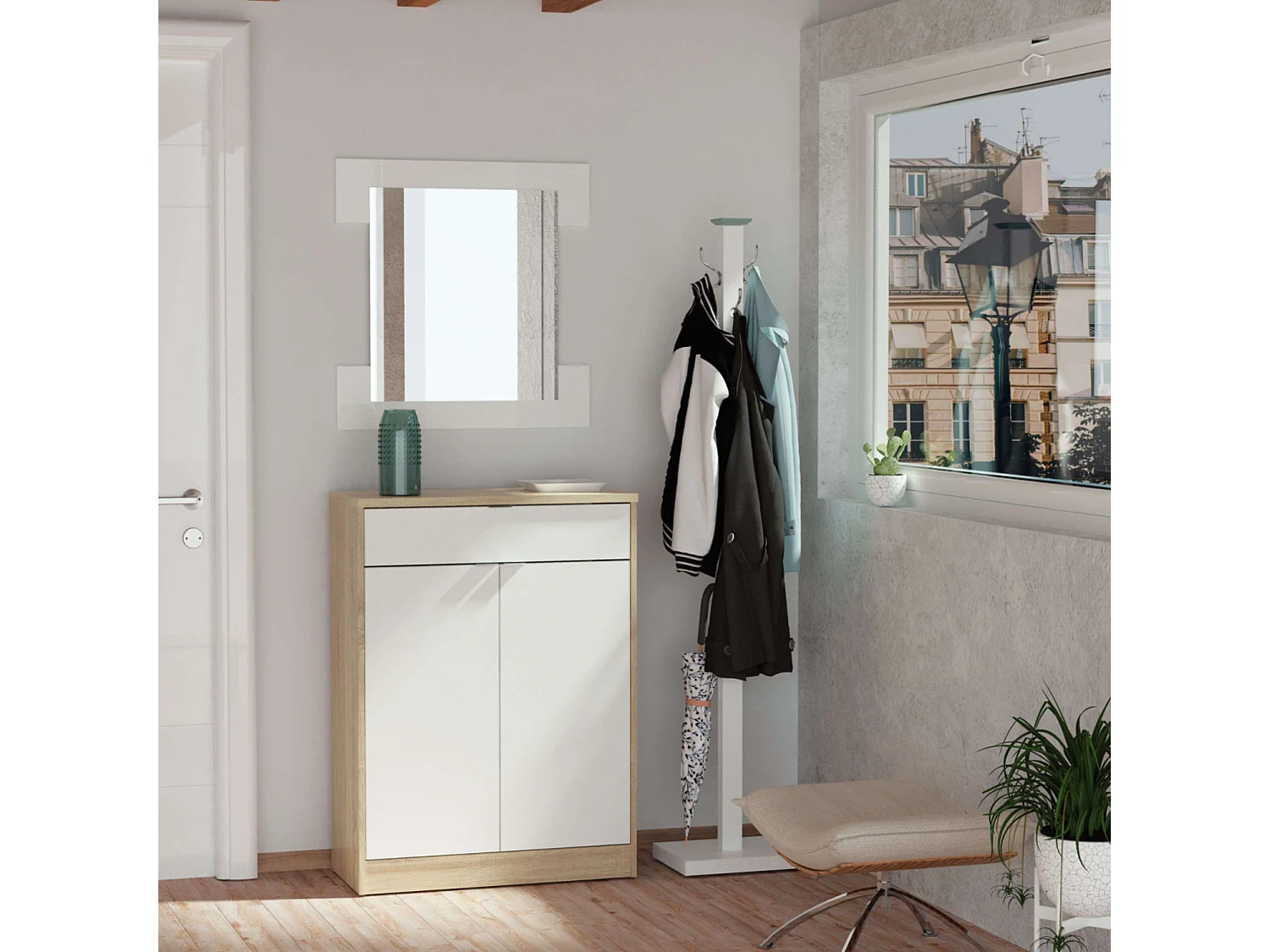 Sapateira Berlim Branco brilhante e Cambriano 101x75x36 cm