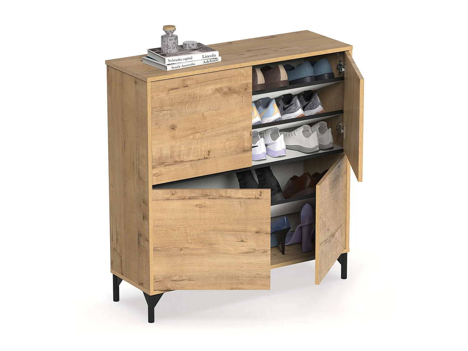 Étagère à chaussures Tokio 4 portes 5 étagères Meuble d'entrée Chêne doré 101 cm