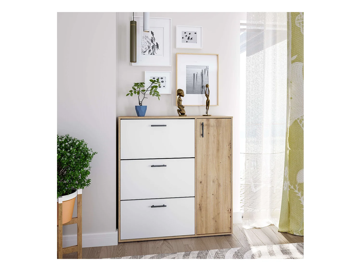 Meuble à chaussures d'entrée 4 portes, capacité 24 paires, chêne Nodi/blanc, 105 x 112 x 24 cm