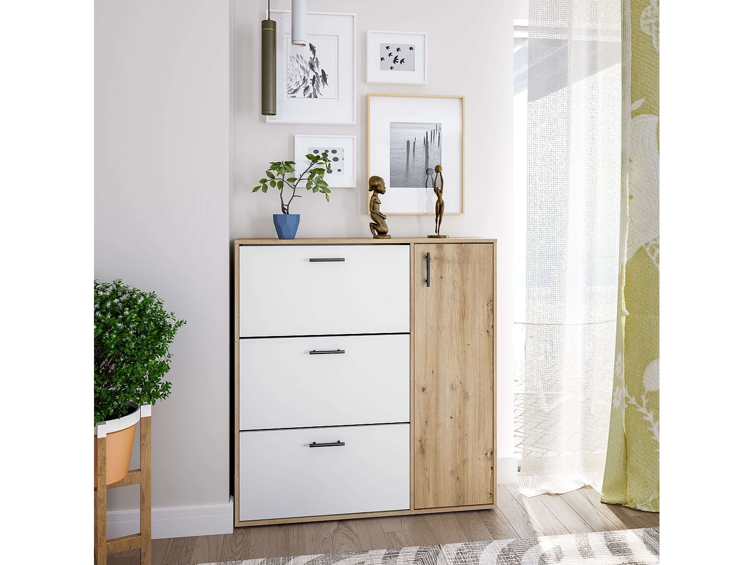 Sapateira para Corredor 4 Portas, Capacidade 24 Pares Carvalho Nodi/Branco 105x112x24 cm