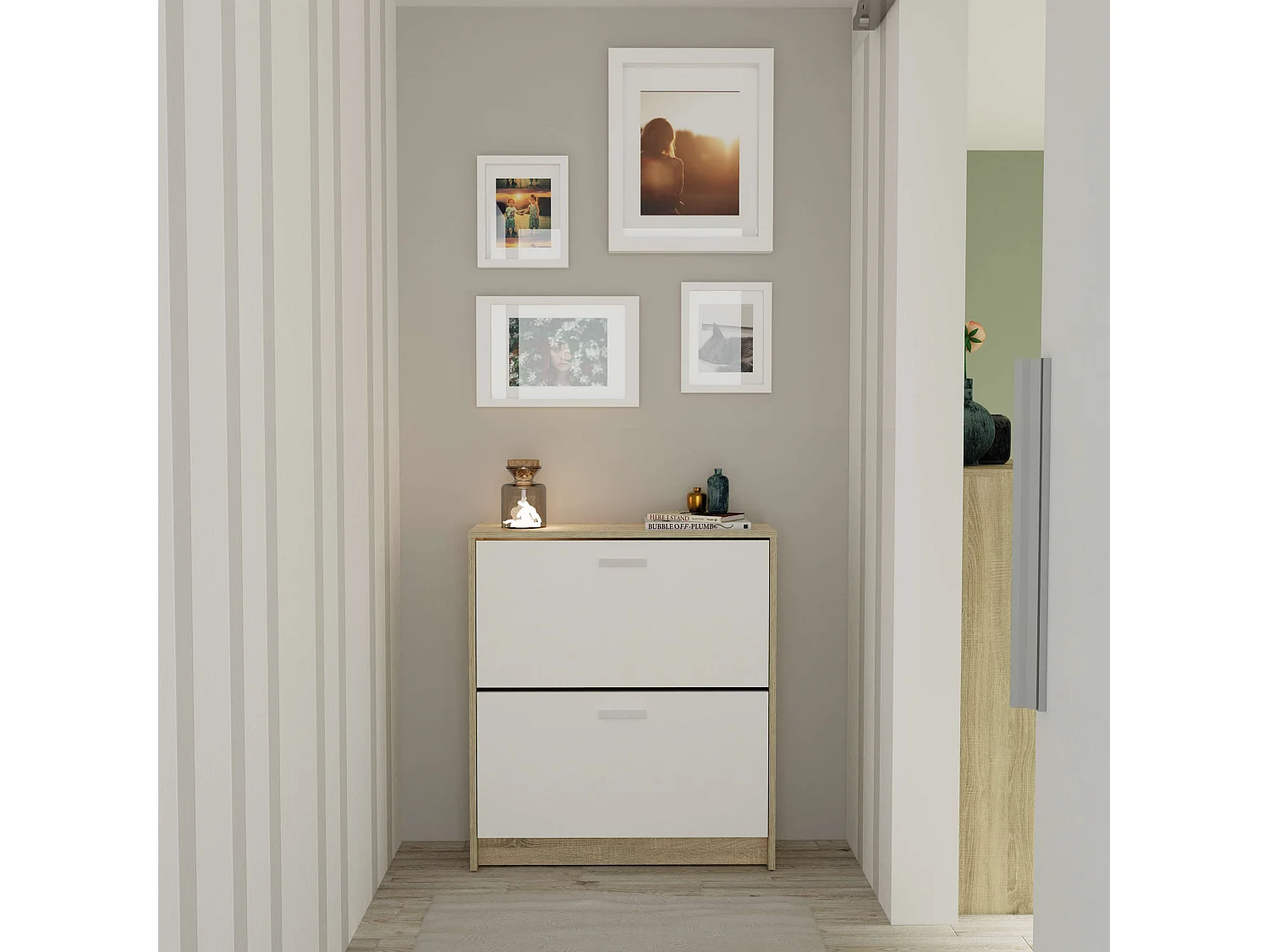 Étagère à chaussures Tibet 2 portes, chêne cambrien, blanc, 74 cm