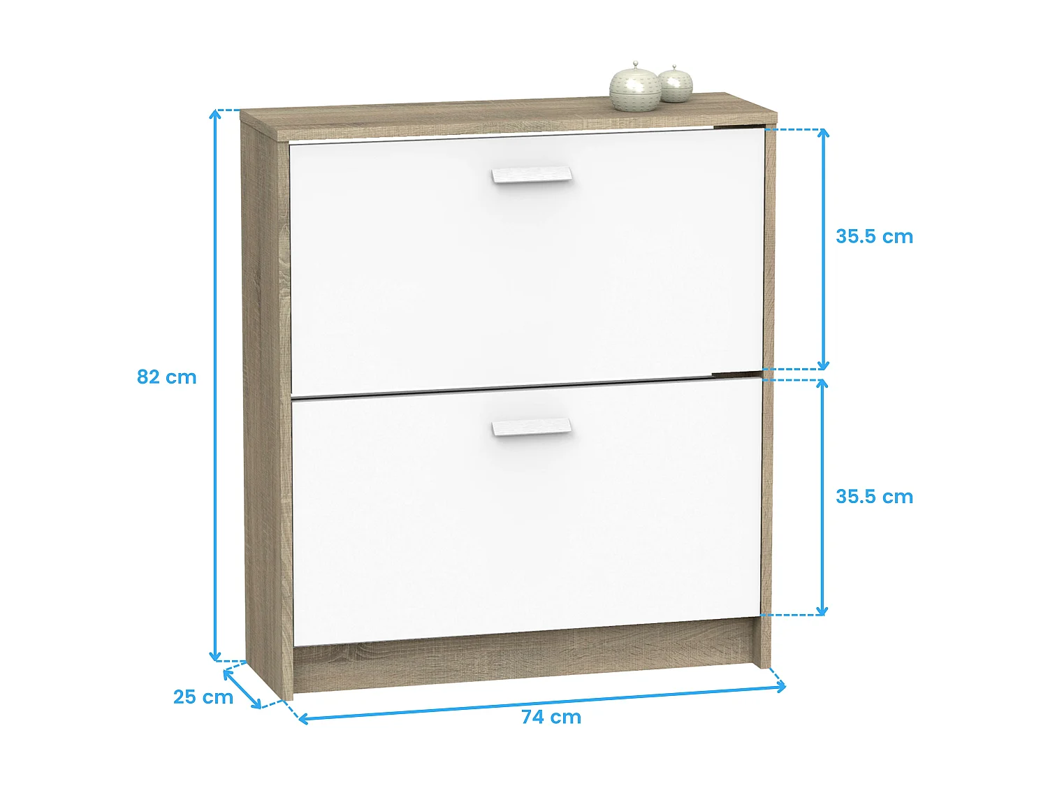 Étagère à chaussures Tibet 2 portes, chêne cambrien, blanc, 74 cm