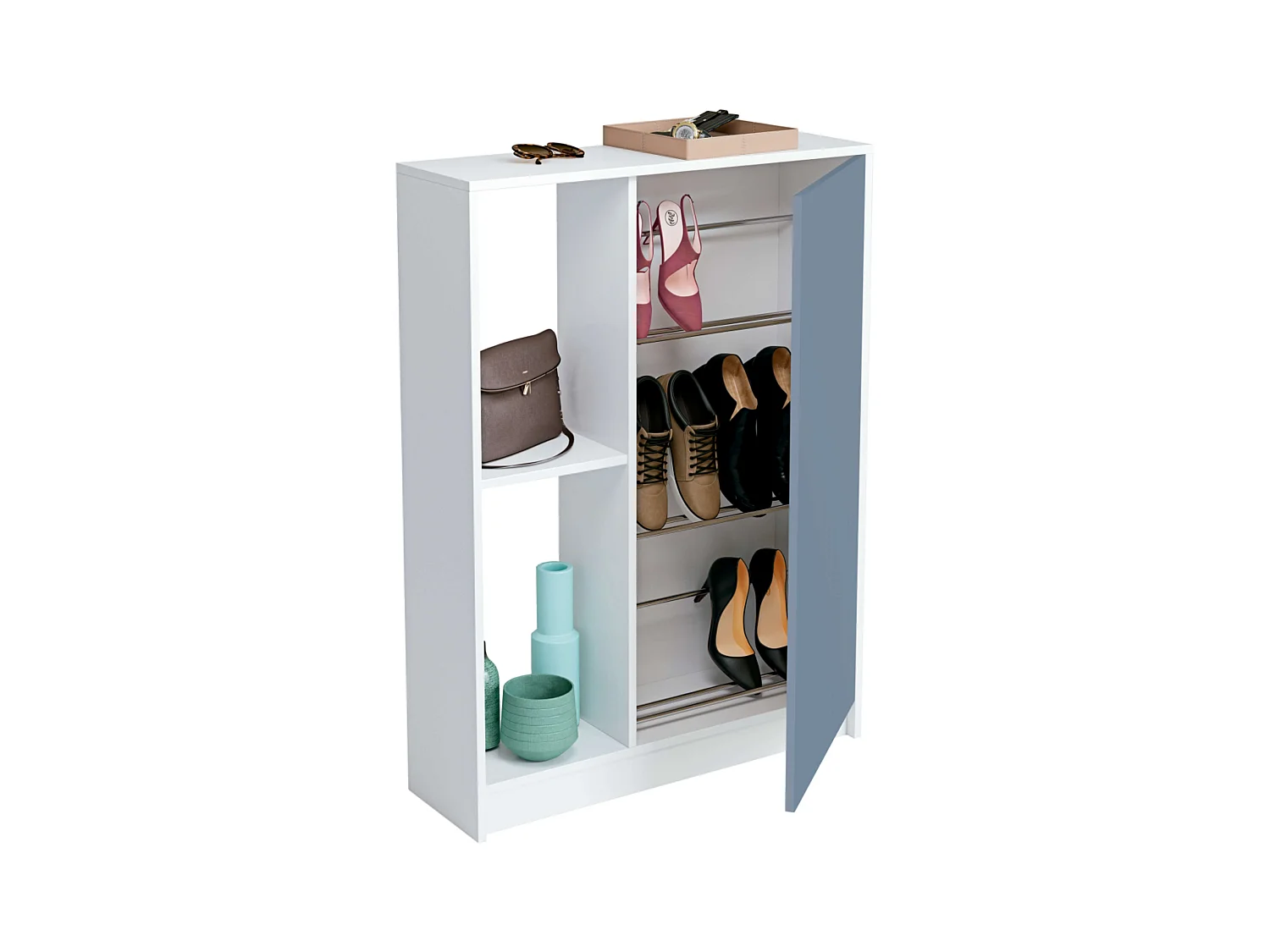 Corredor Neo com Sapateira em Azul e Branco Brilhante 110x80x25 cm