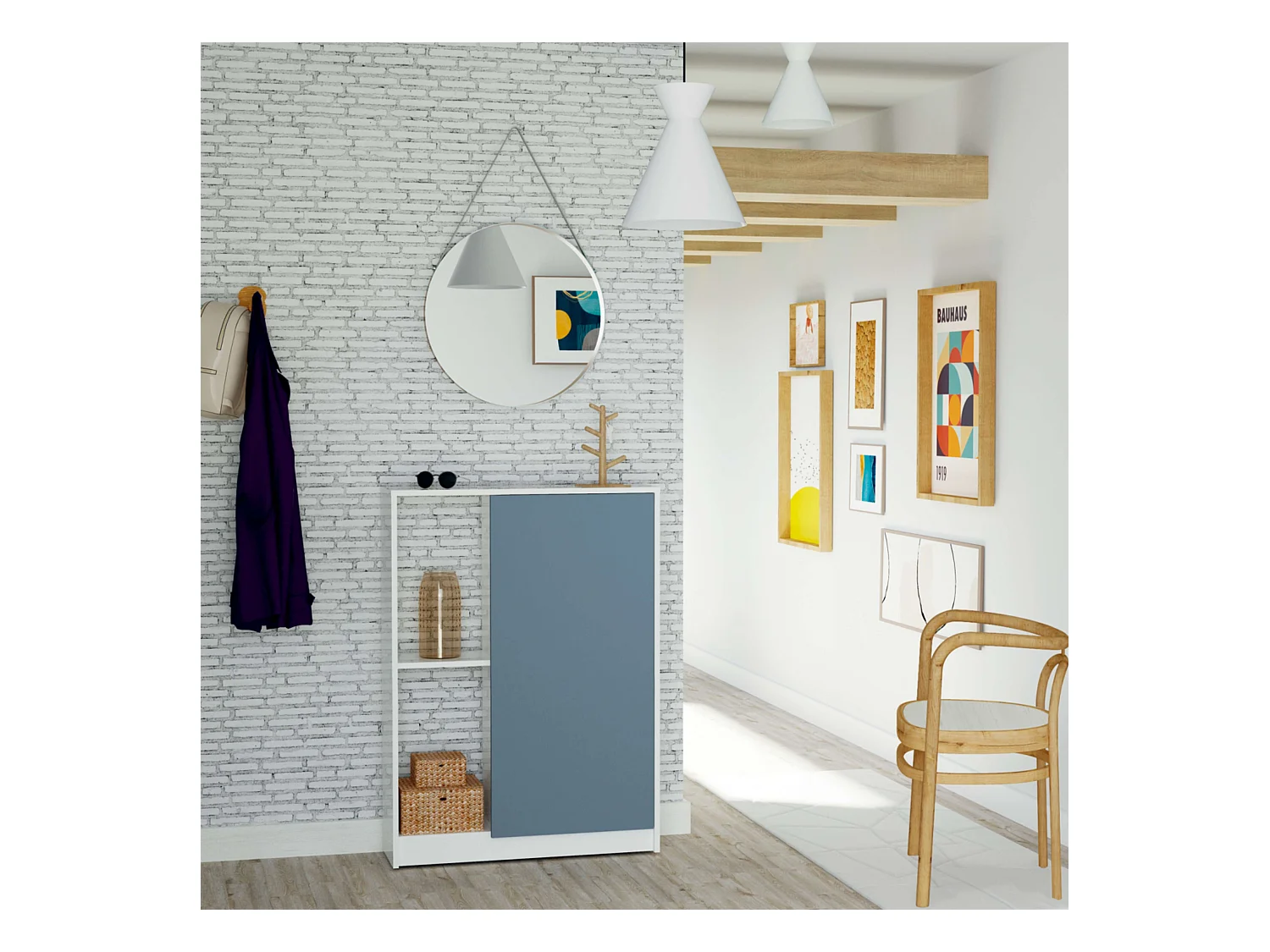 Corredor Neo com Sapateira em Azul e Branco Brilhante 110x80x25 cm