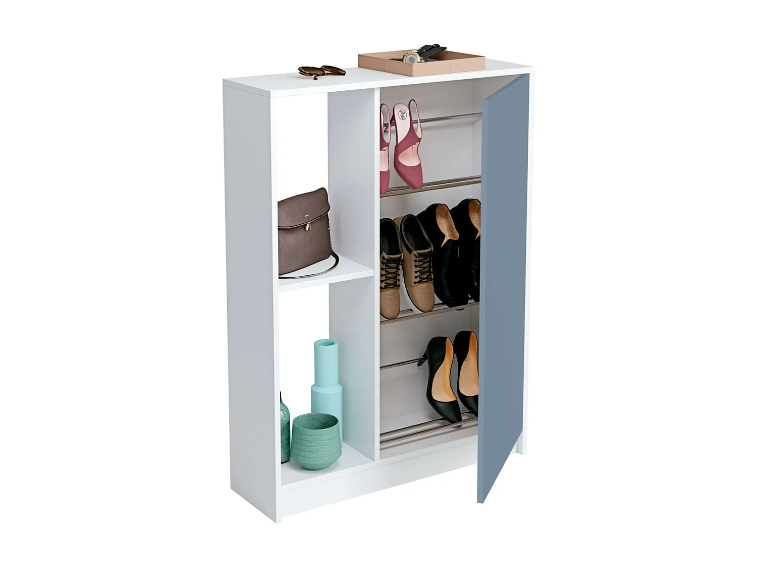 Corredor Neo com Sapateira em Azul e Branco Brilhante 110x80x25 cm