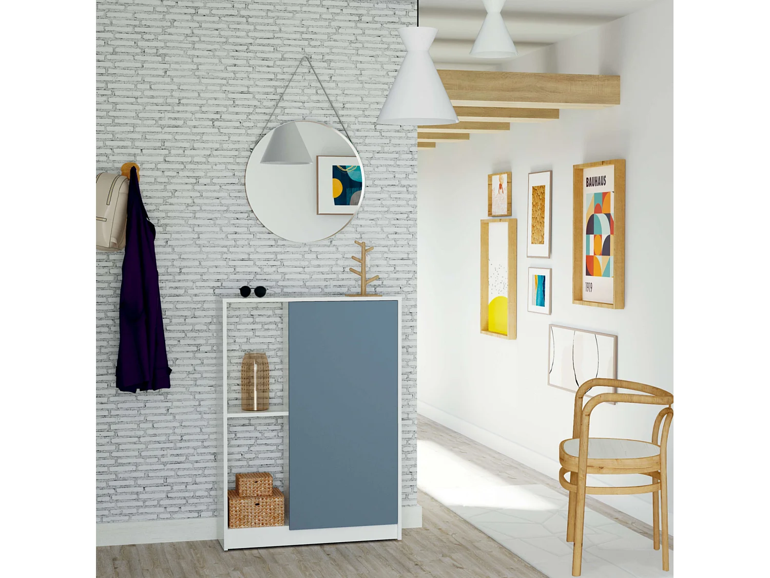 Corredor Neo com Sapateira em Azul e Branco Brilhante 110x80x25 cm