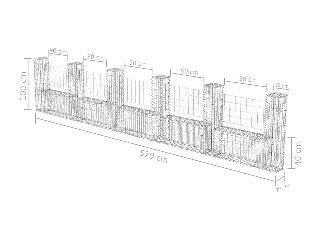 Panier de gabion-Mur en gabion en forme de U Acier galvanisé 570x20x100 cm