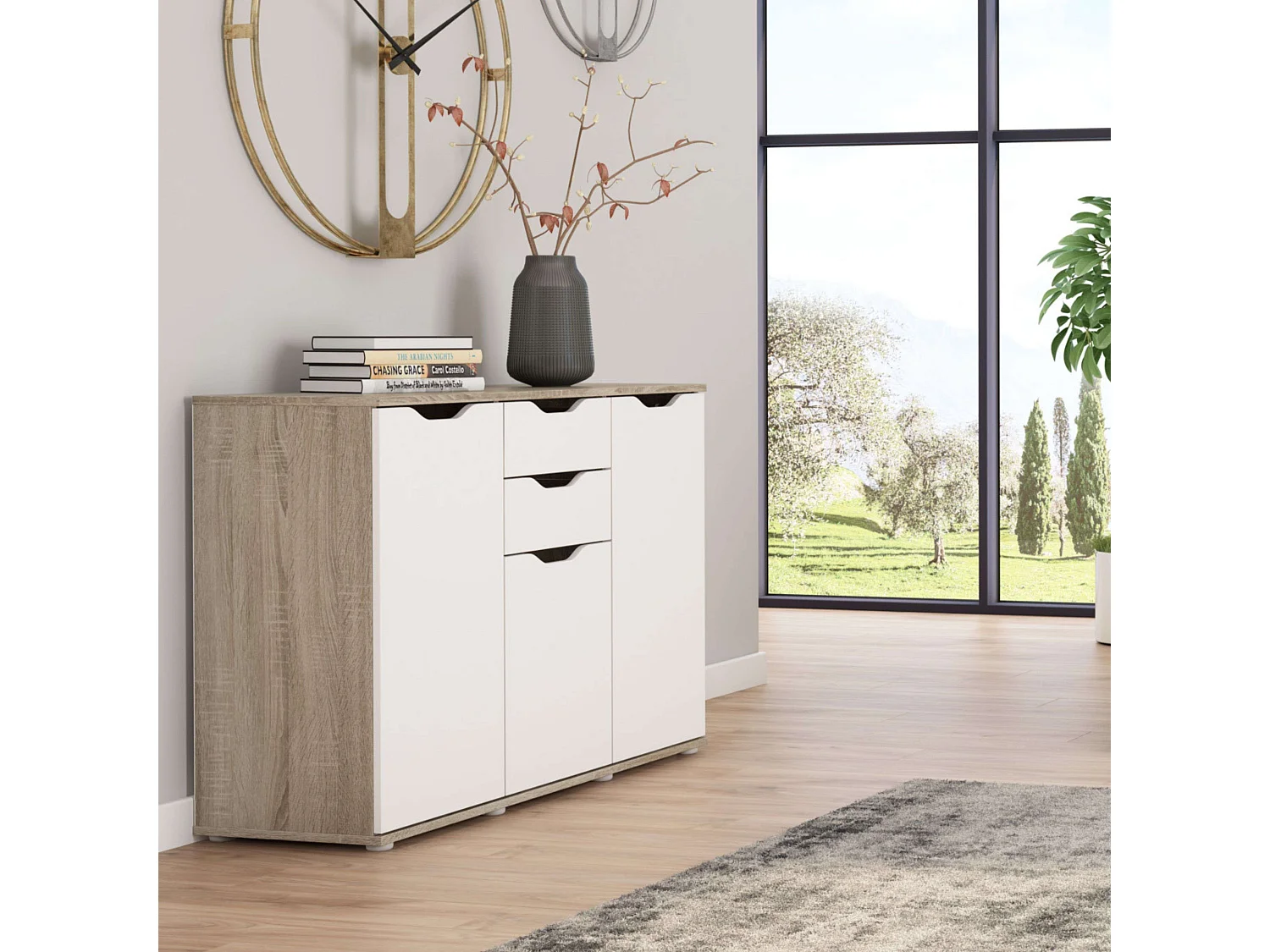 Aparador de sala de estar Parc com 2 gavetas e 3 portas, carvalho/branco, 108x78,7x38 cm