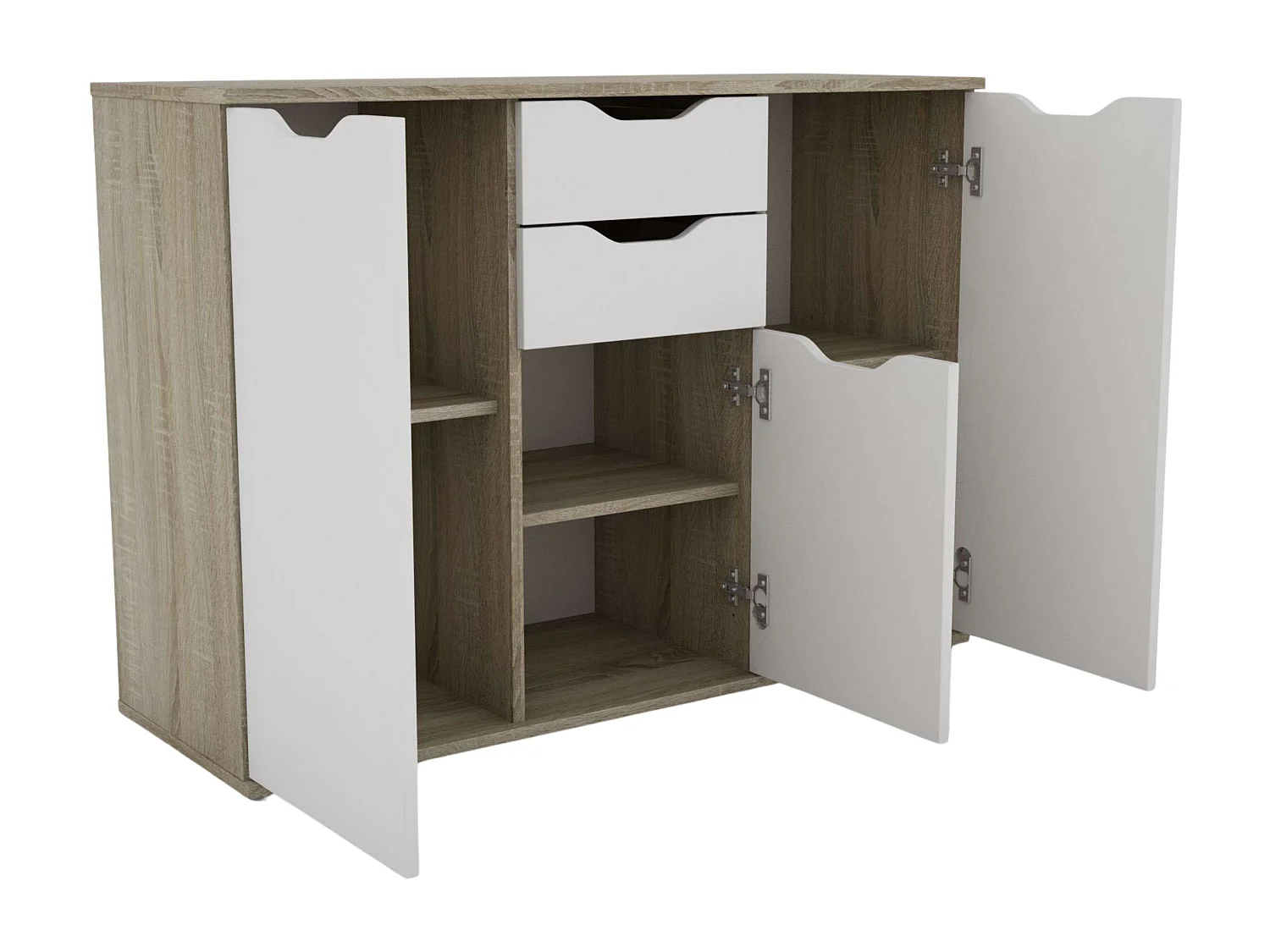 Aparador de sala de estar Parc com 2 gavetas e 3 portas, carvalho/branco, 108x78,7x38 cm