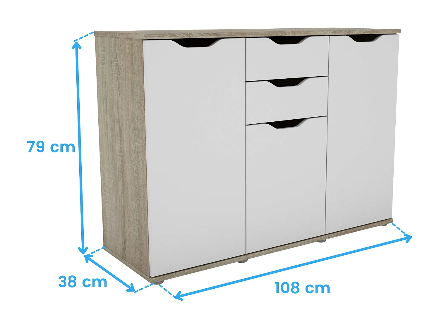 Aparador de sala de estar Parc com 2 gavetas e 3 portas, carvalho/branco, 108x78,7x38 cm