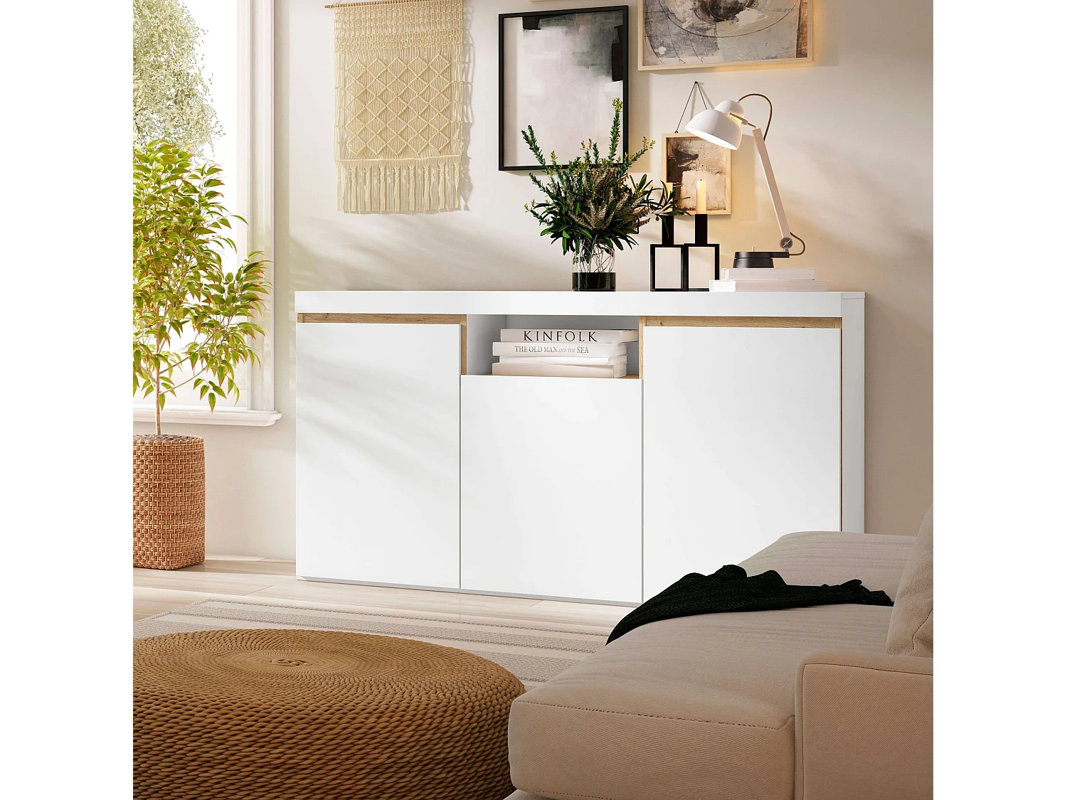 Aparador Elis Salón Blanco Mate y Roble Naturale 81x140x40 cm