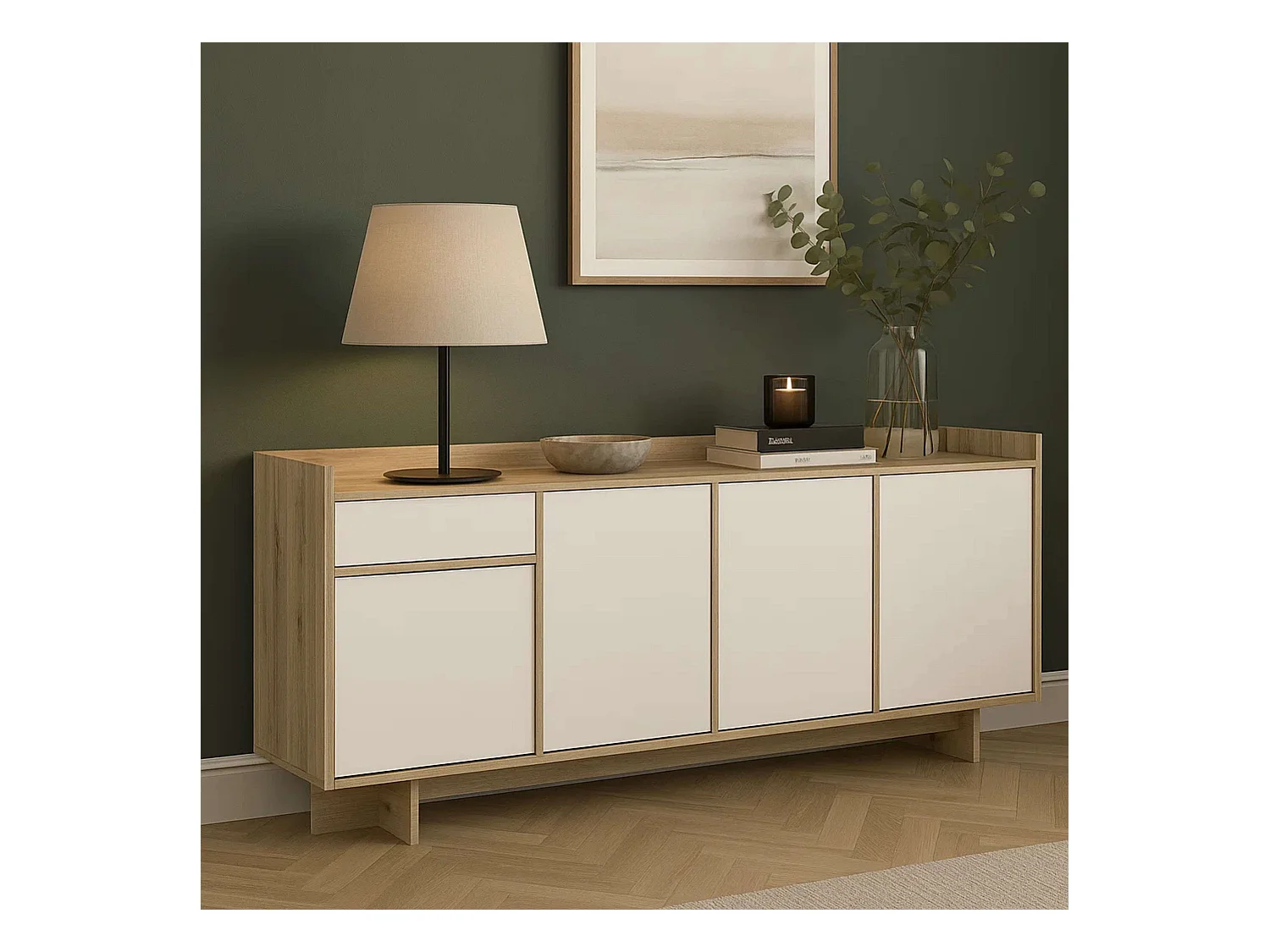 Bufê em Carvalho Artesanal e Branco 210 cm Moderno com 1 Gaveta e 4 Portas