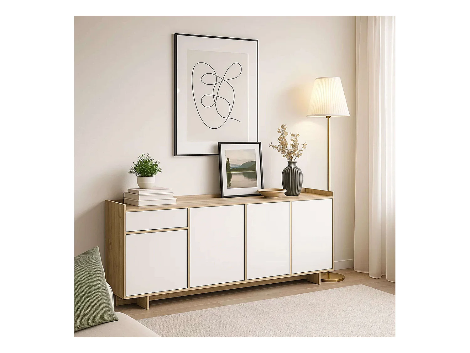 Bufê em Carvalho Artesanal e Branco 210 cm Moderno com 1 Gaveta e 4 Portas