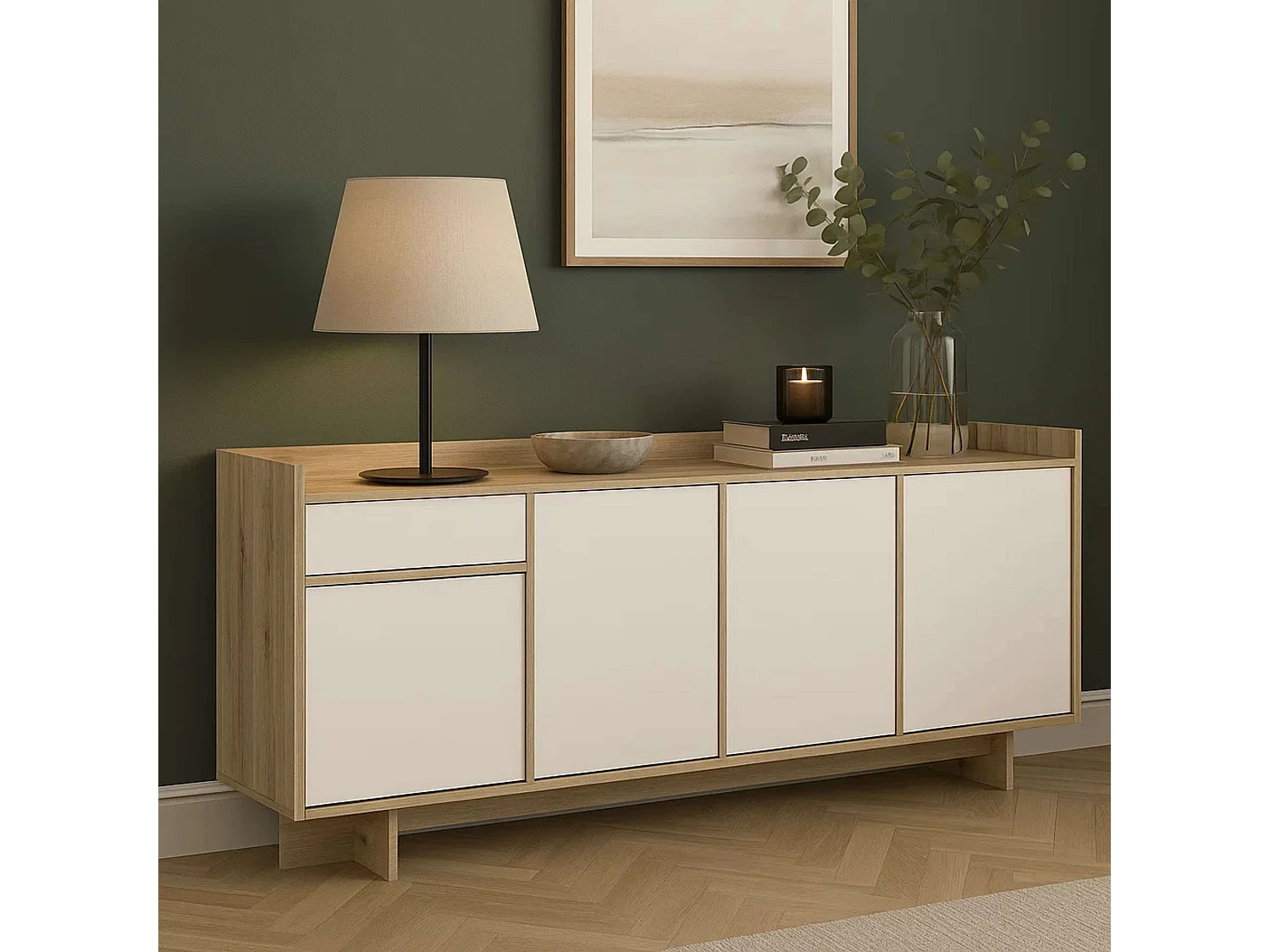 Bufê em Carvalho Artesanal e Branco 210 cm Moderno com 1 Gaveta e 4 Portas