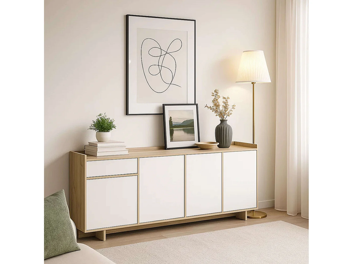 Bufê em Carvalho Artesanal e Branco 210 cm Moderno com 1 Gaveta e 4 Portas