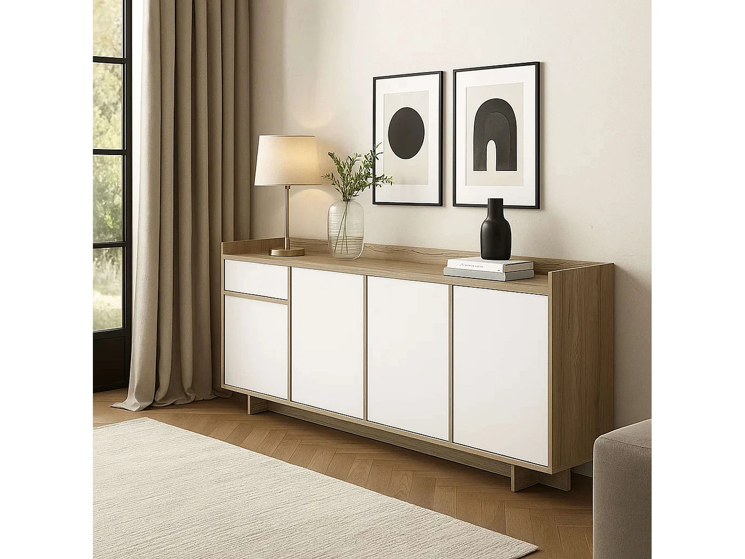 Bufê em Carvalho Artesanal e Branco 210 cm Moderno com 1 Gaveta e 4 Portas
