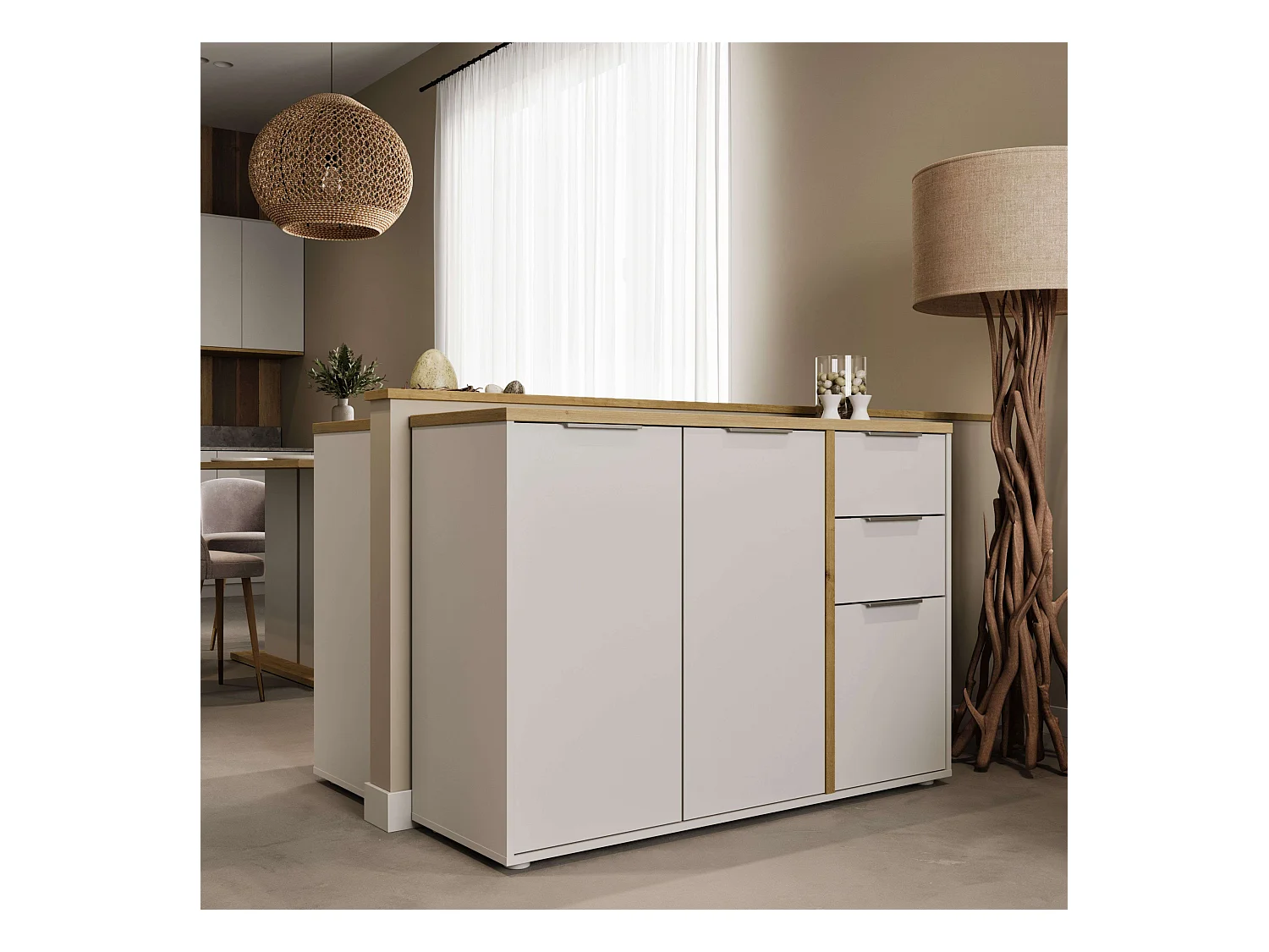 Aparador Salón Acces 3P Roble Hamilton y Blanco Mate 122cm