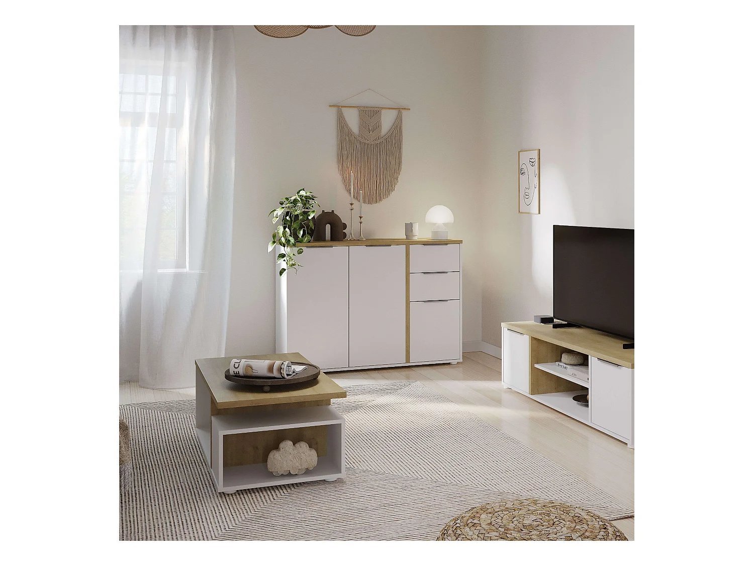 Aparador Salón Acces 3P Roble Hamilton y Blanco Mate 122cm