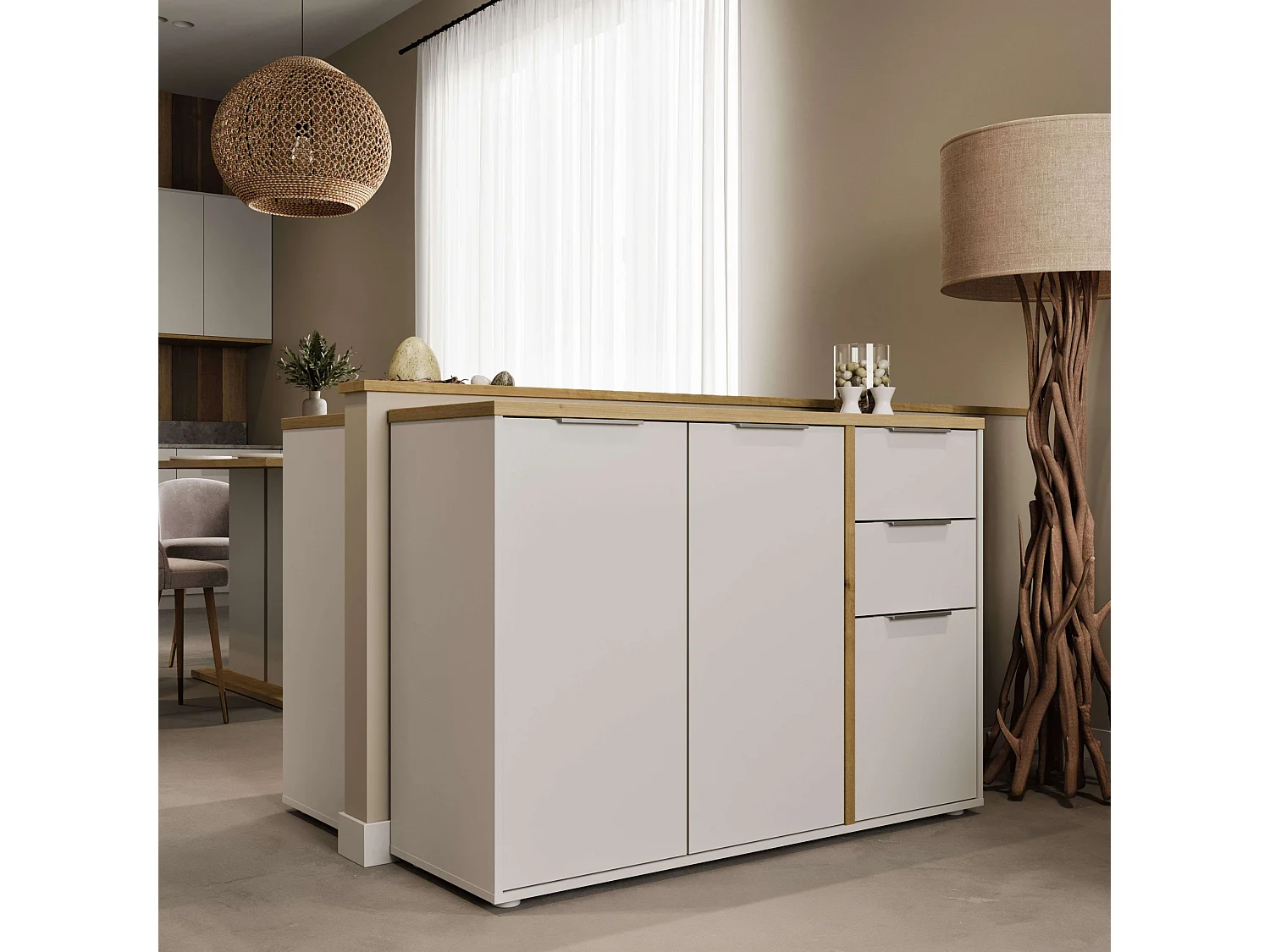 Aparador Salón Acces 3P Roble Hamilton y Blanco Mate 122cm