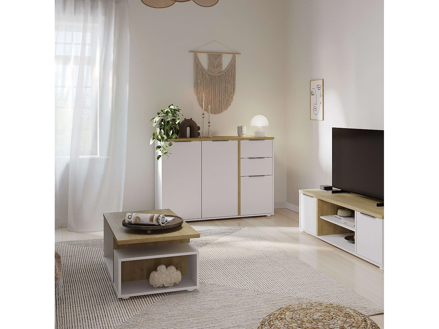 Aparador Salón Acces 3P Roble Hamilton y Blanco Mate 122cm