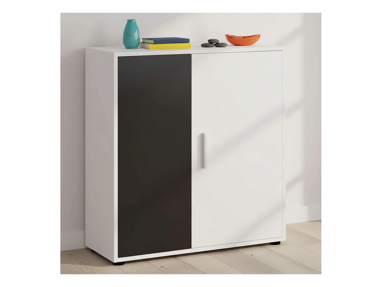 Rom Aparador 2 Puertas 1 Estante Contemporáneo Blanco Negro 80 cm