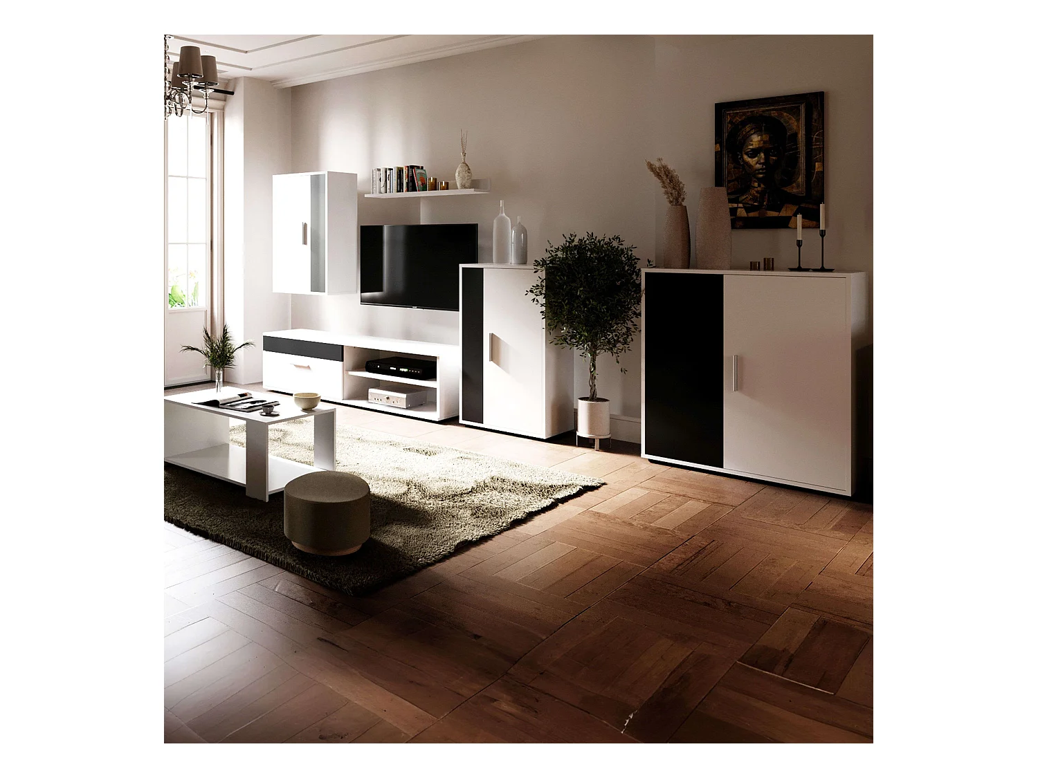 Rom Aparador 2 Puertas 1 Estante Contemporáneo Blanco Negro 80 cm