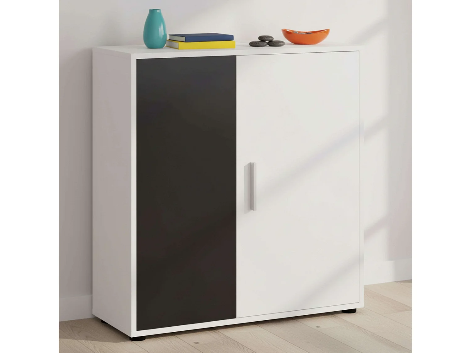 Buffet Rom 2 portes 1 étagère Contemporain Blanc Noir 80 cm
