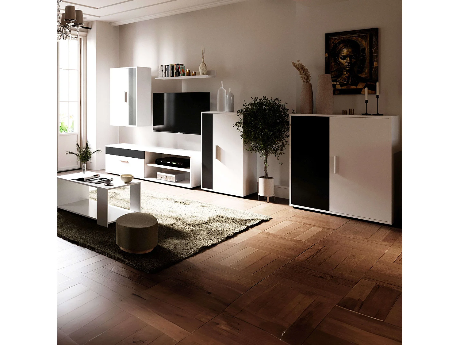 Buffet Rom 2 portes 1 étagère Contemporain Blanc Noir 80 cm