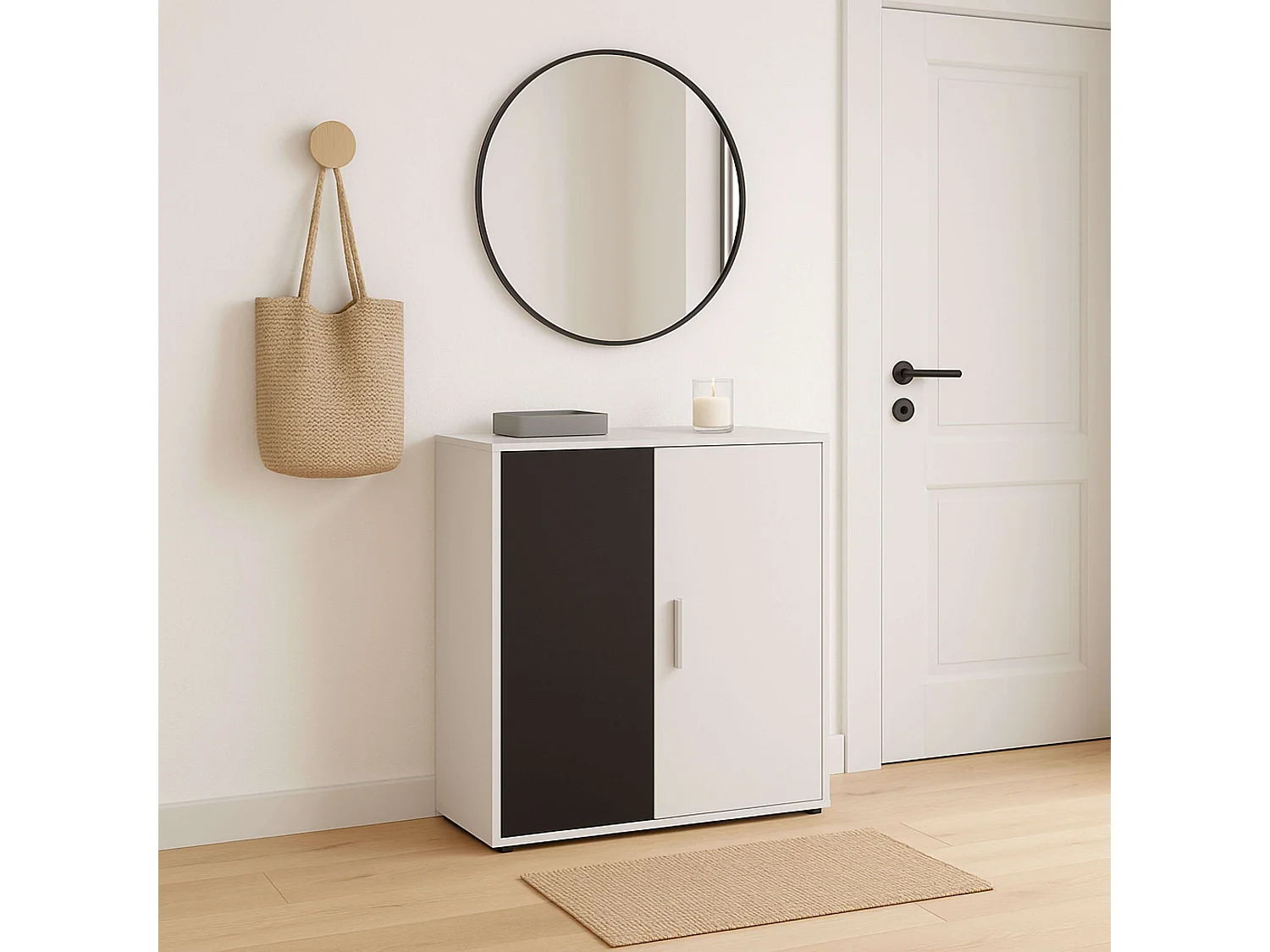 Buffet Rom 2 portes 1 étagère Contemporain Blanc Noir 80 cm