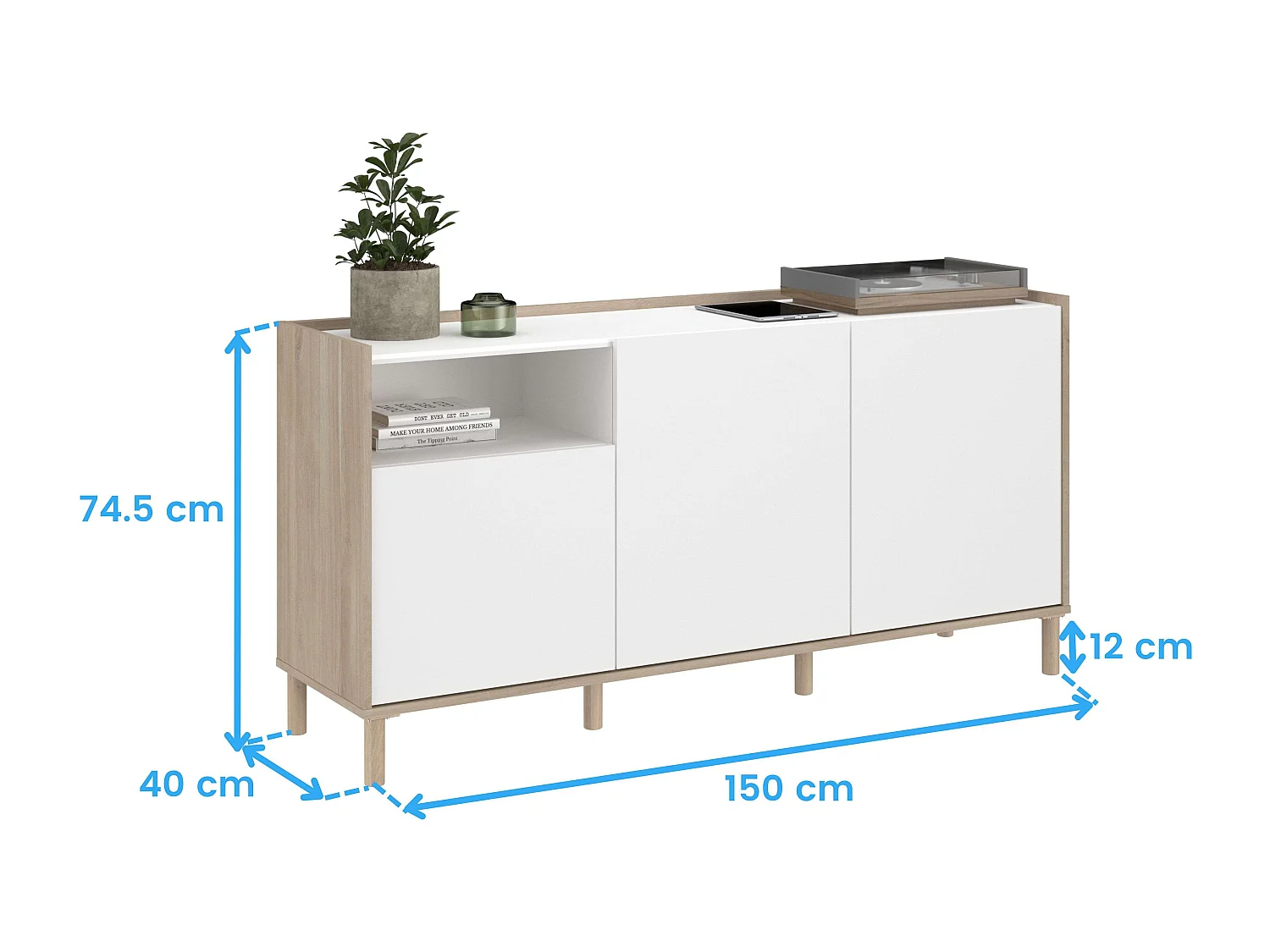Aparador de jantar Azzaro carvalho japonês/branco 150x75x40 cm