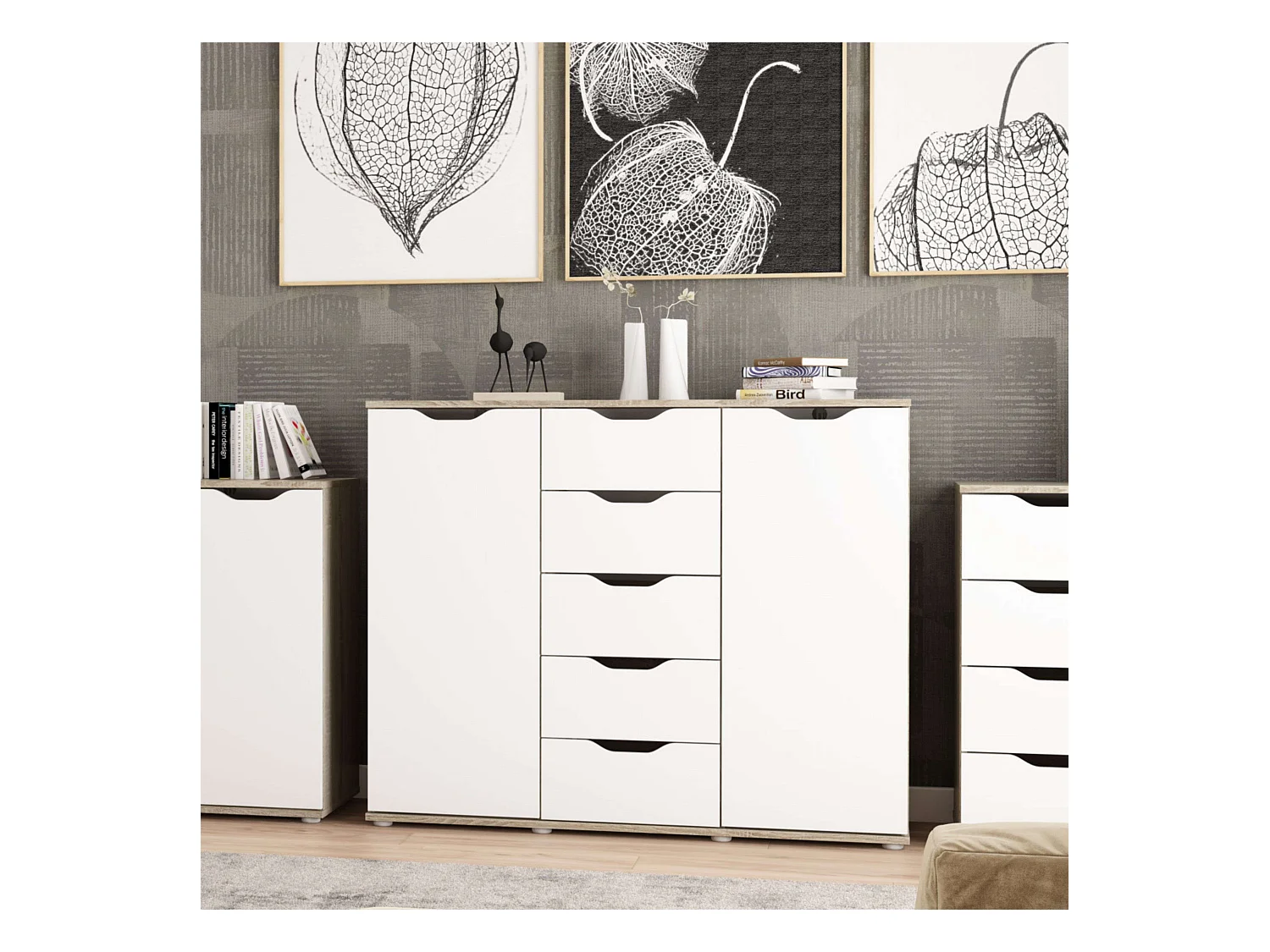 Aparador Parc 2 puertas 5 cajones 4 estantes roble sonoma/blanco 120x97x38 cm