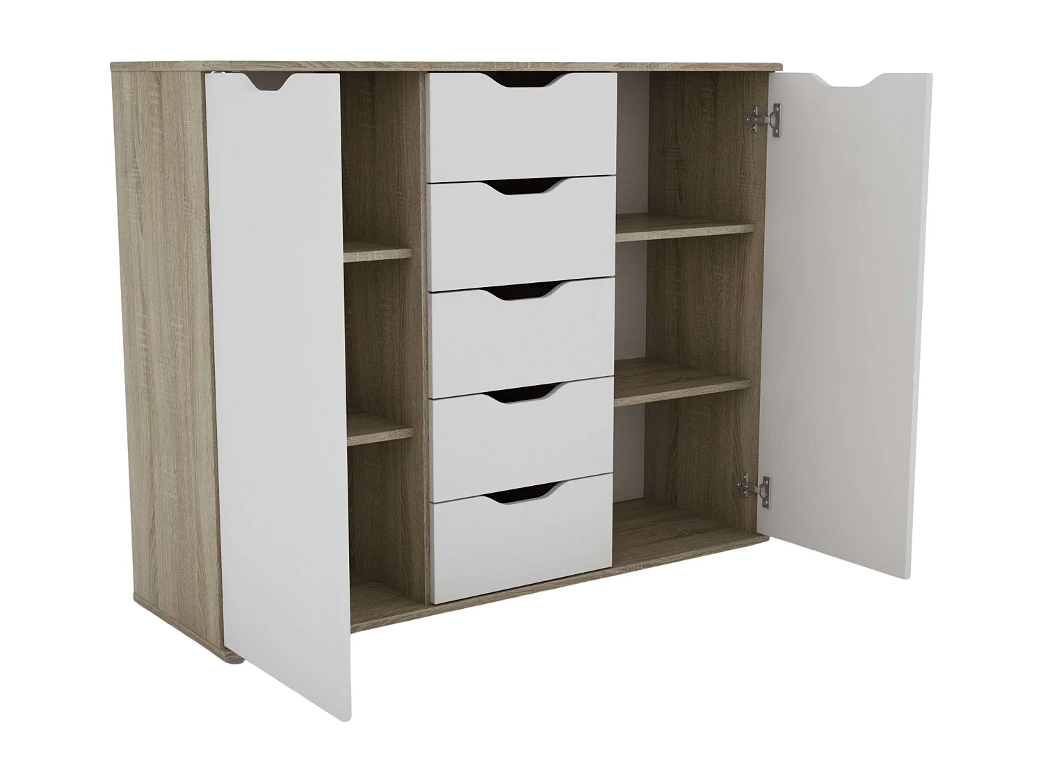 Buffet Parc avec 2 portes, 5 tiroirs et 4 étagères, chêne Sonoma/blanc, 120x97x38 cm