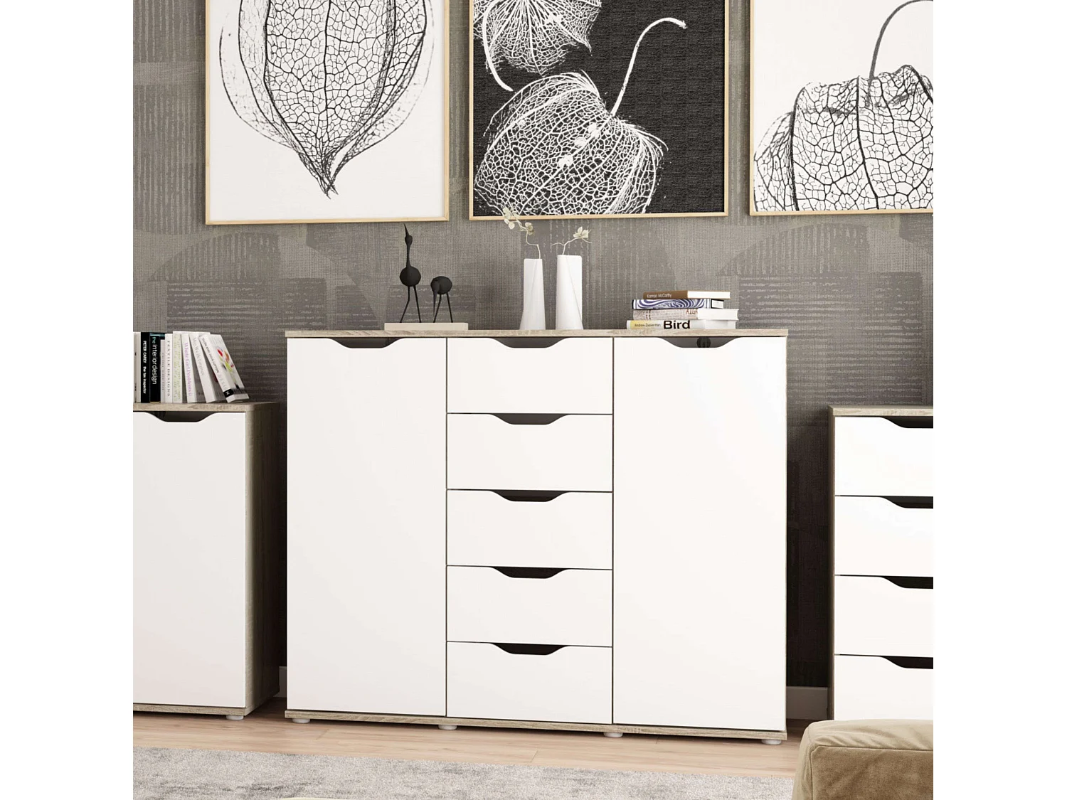 Buffet Parc avec 2 portes, 5 tiroirs et 4 étagères, chêne Sonoma/blanc, 120x97x38 cm