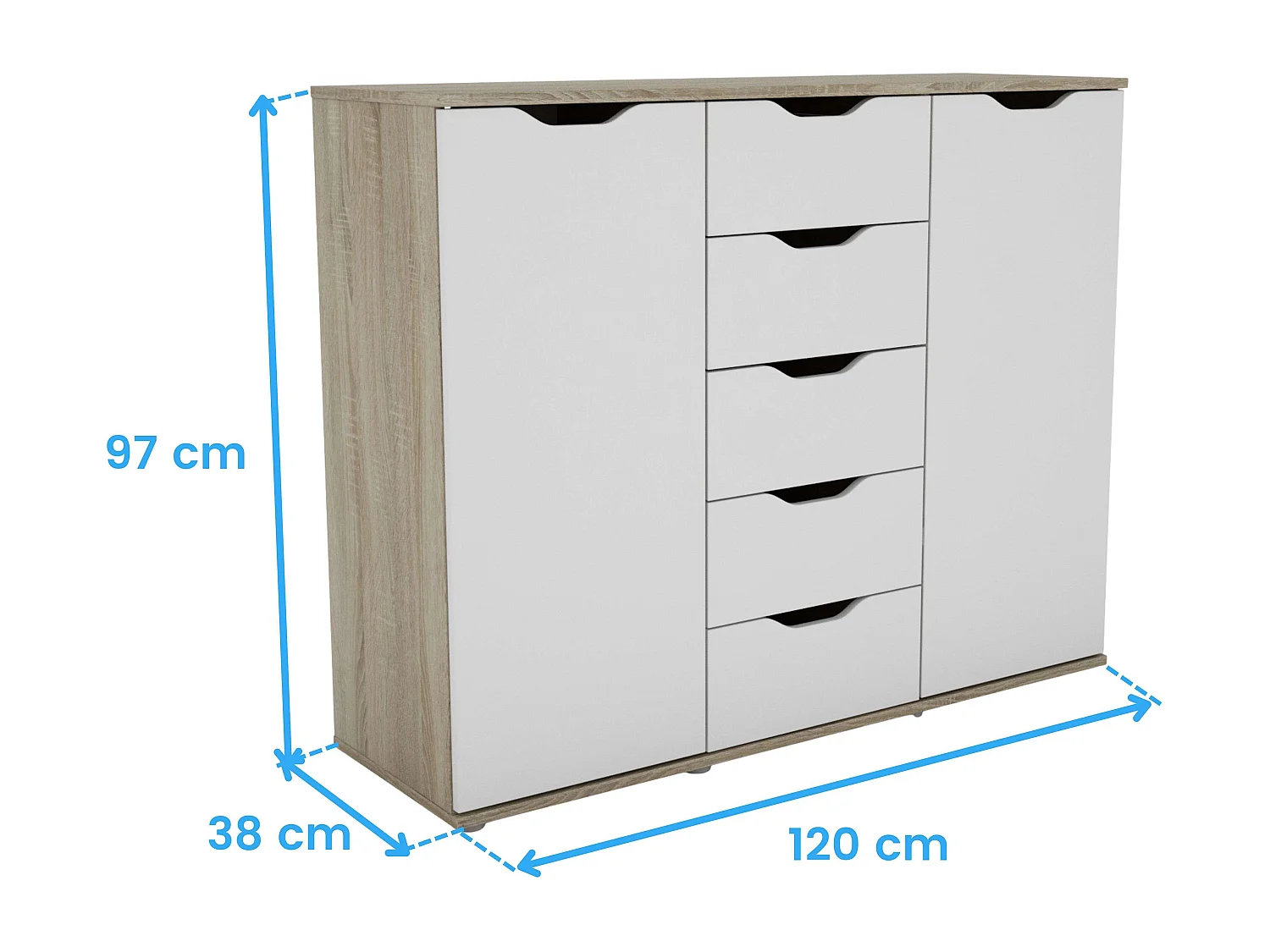 Buffet Parc avec 2 portes, 5 tiroirs et 4 étagères, chêne Sonoma/blanc, 120x97x38 cm