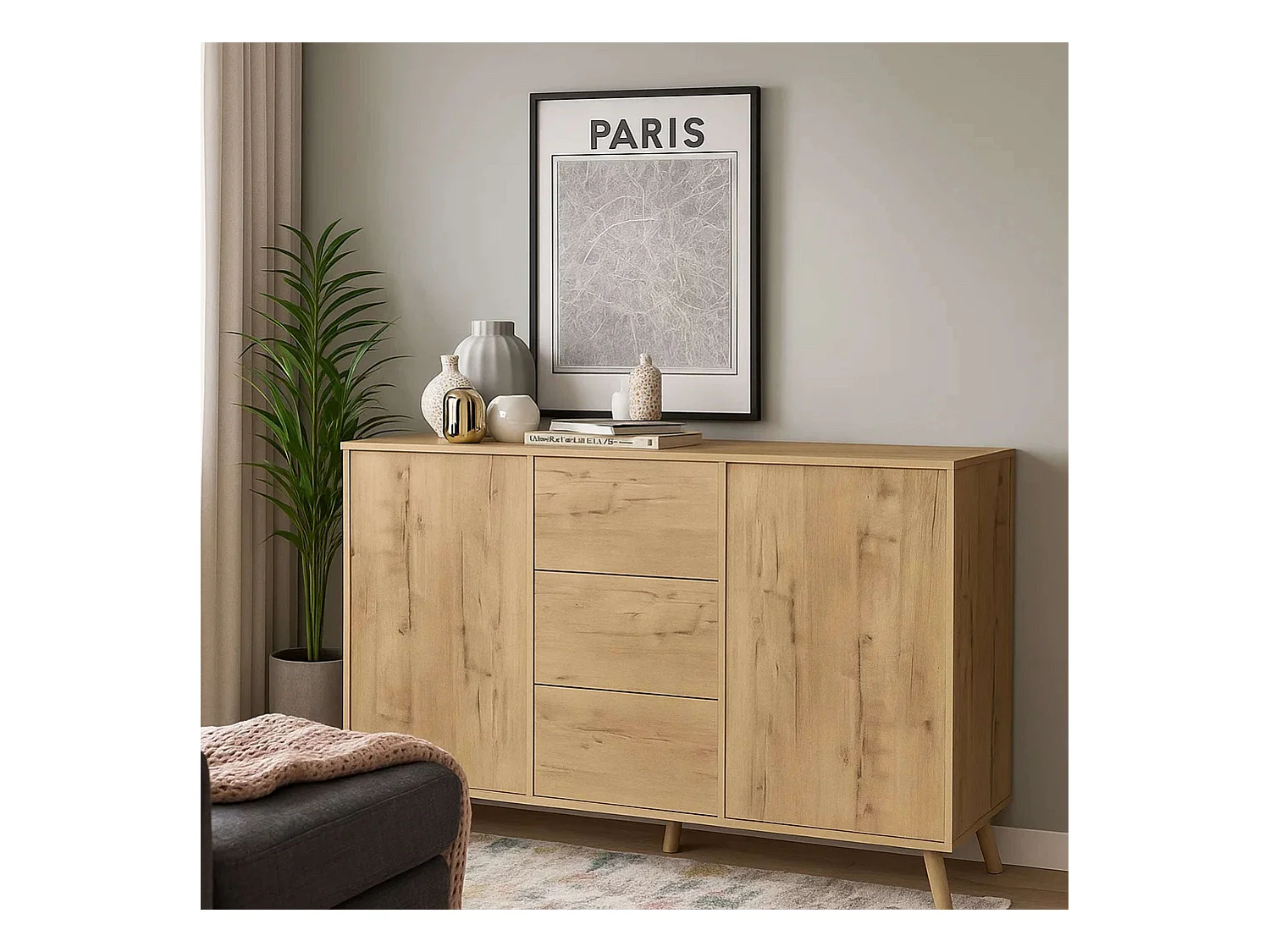 Aparador Oslo Roble Gold 3 Cajones 2 Puertas Push, Roble Gold 140cm