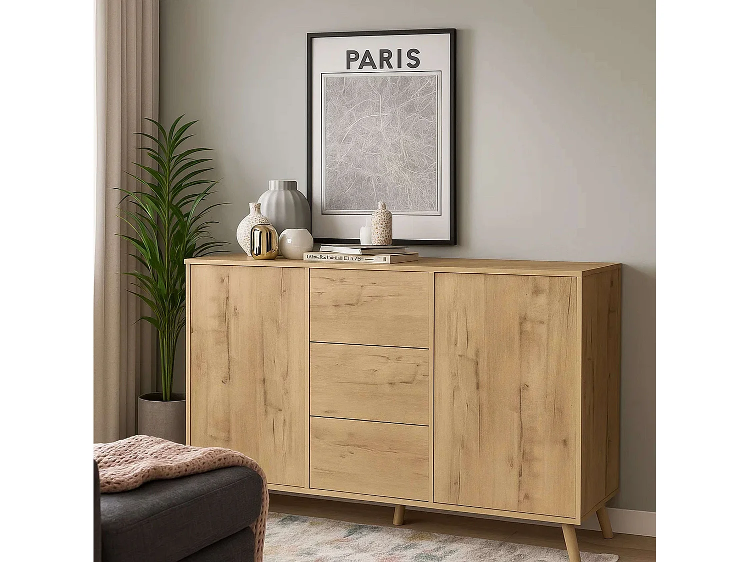 Aparador Oslo Roble Gold 3 Cajones 2 Puertas Push, Roble Gold 140cm