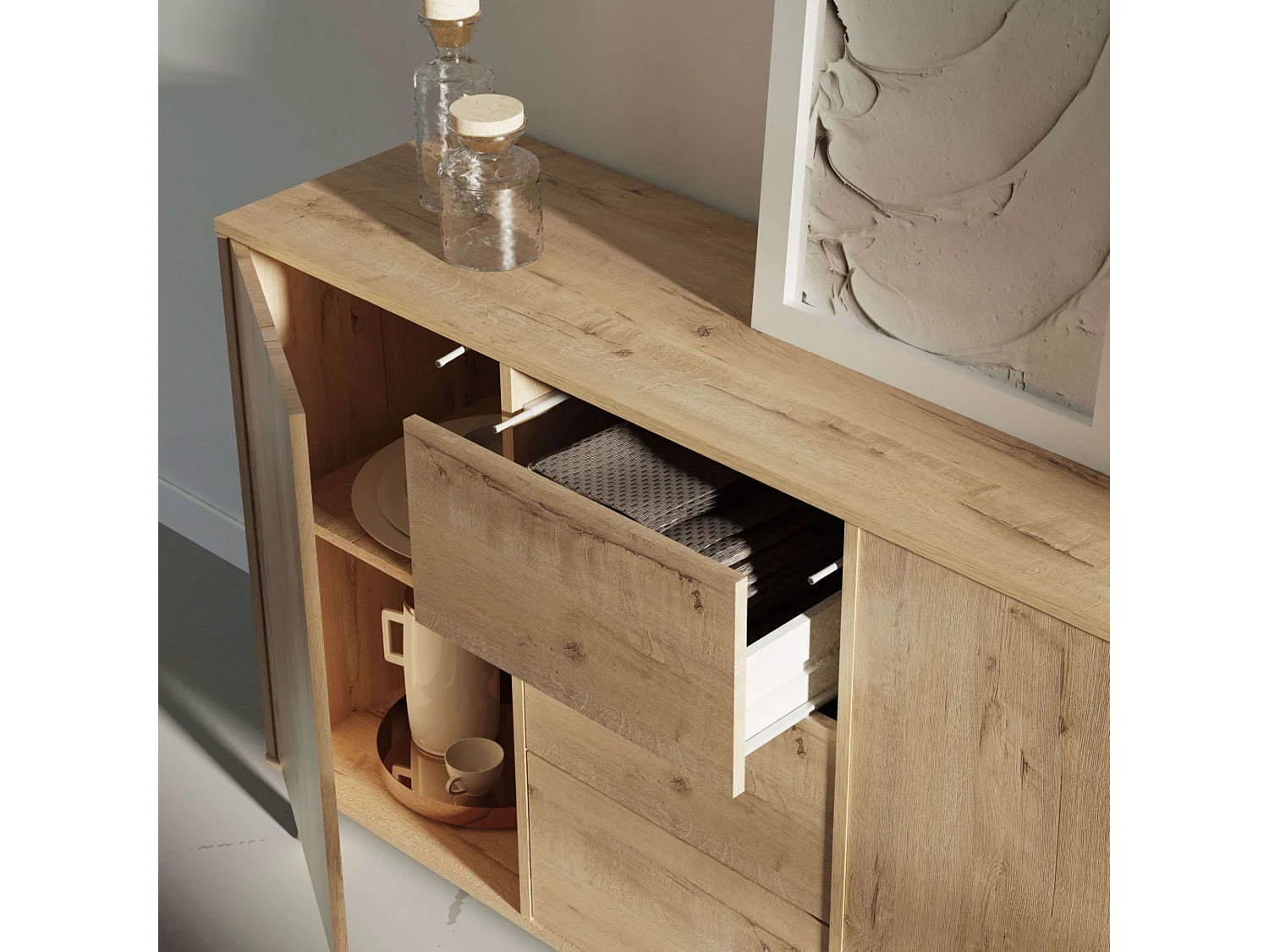 Aparador Oslo Roble Gold 3 Cajones 2 Puertas Push, Roble Gold 140cm