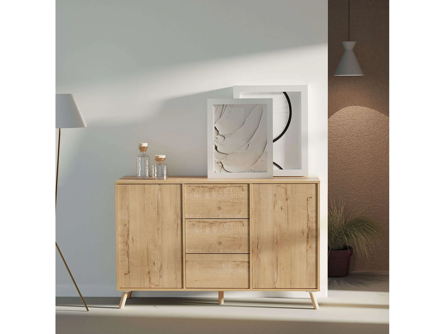 Aparador Oslo Roble Gold 3 Cajones 2 Puertas Push, Roble Gold 140cm