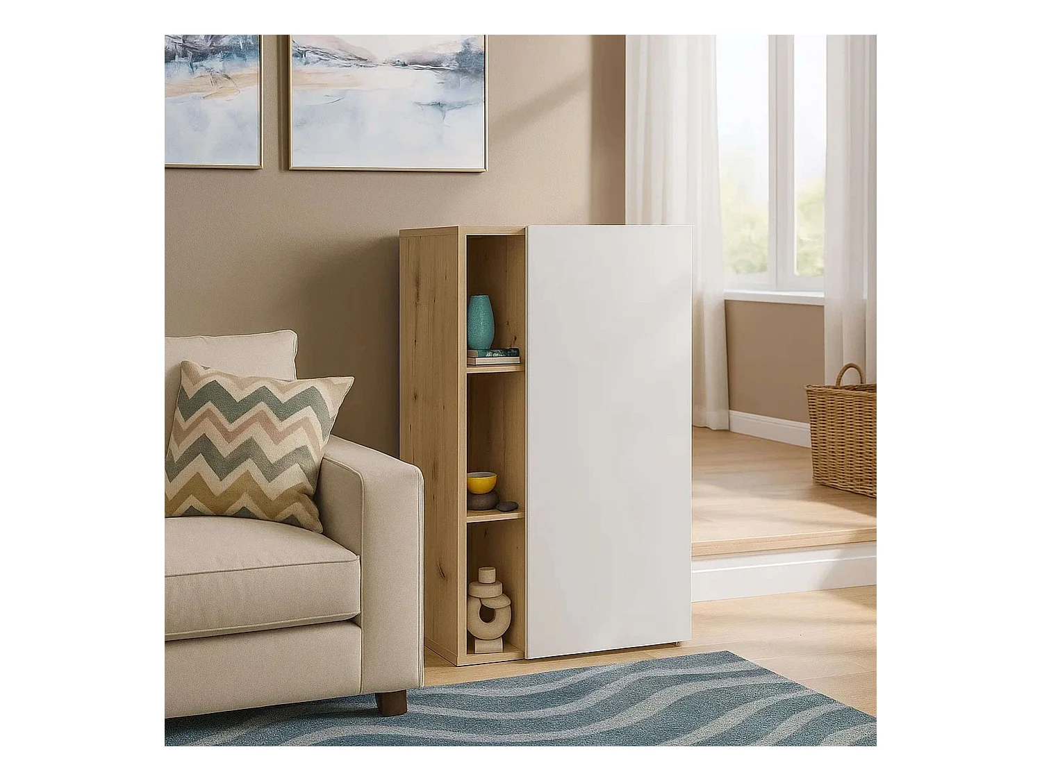 Donna Aparador 1 Puerta 4 Estantes Nórdico Blanco Mate Roble 80 cm