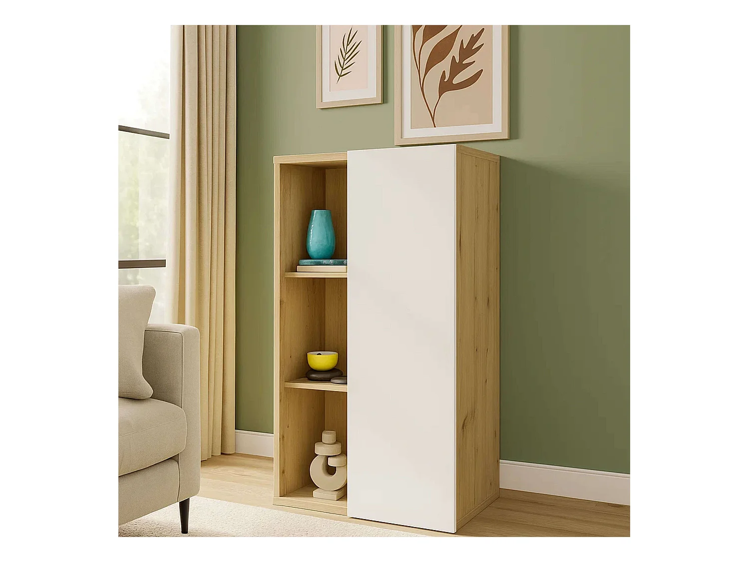 Donna Aparador 1 Puerta 4 Estantes Nórdico Blanco Mate Roble 80 cm