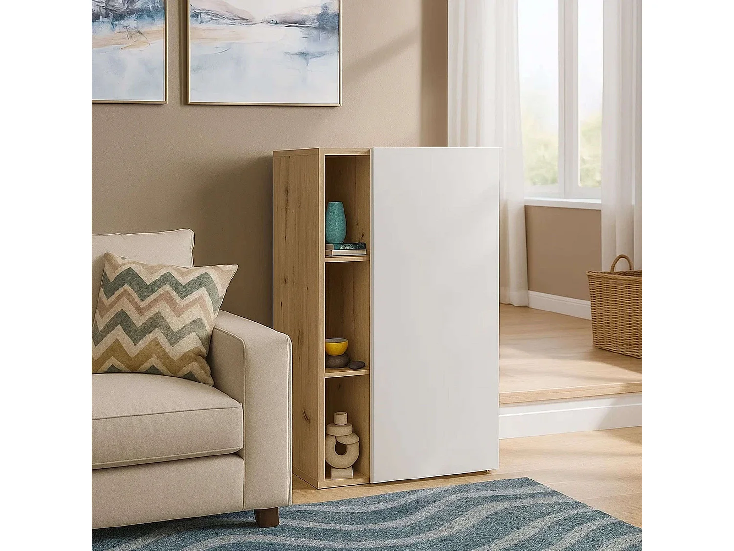 Aparador Donna 1 Porta 4 Prateleiras Carvalho Branco Fosco Nórdico 80 cm